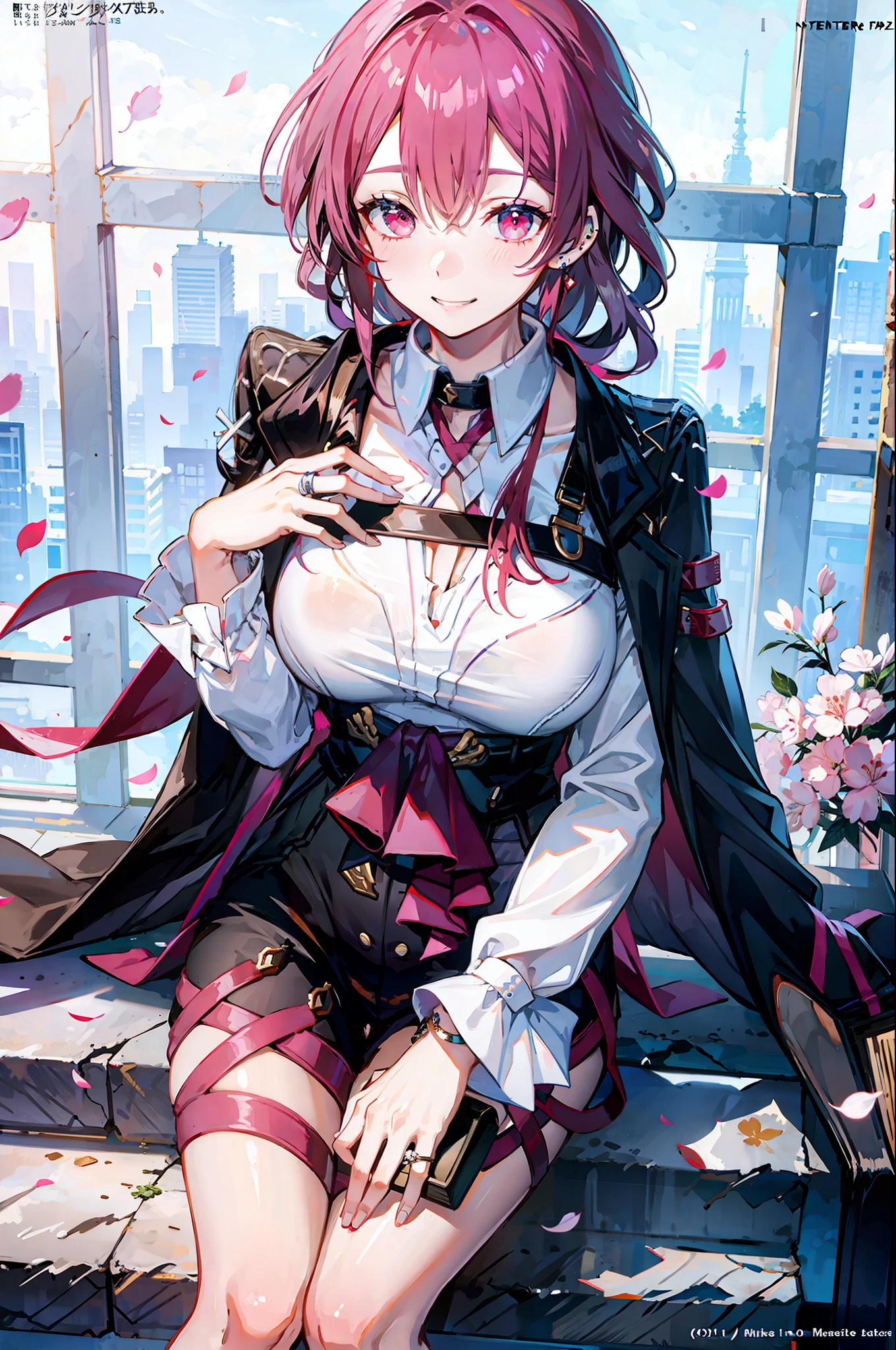 masterpiece, best quality, full body, 1girl, bangs, black choker, black necktie, blonde hair, blue skirt, blush, bracelet, breasts, choker, clothes around waist, collarbone, collared shirt, cowboy shot, dress shirt, ear piercing, eyebrows visible through hair, gradient hair, grin, gyaru, jewelry, kogal, long hair, looking at viewer, loose necktie, necktie, piercing, plaid, plaid skirt, pleated skirt, red eyes, ring, school uniform, shirt, skirt, smile, solo, white shirt, street, sky, cherry blossoms, petals,illustration, (magazine:1.3), (cover-style:1.3), fashionable, woman, vibrant, outfit, posing, front, colorful, dynamic, background, elements, confident, expression, holding, statement, accessory, majestic, coiled, around, touch, scene, text, cover, bold, attention-grabbing, title, stylish, font, catchy, headline, larger, striking, modern, trendy, focus, fashion,