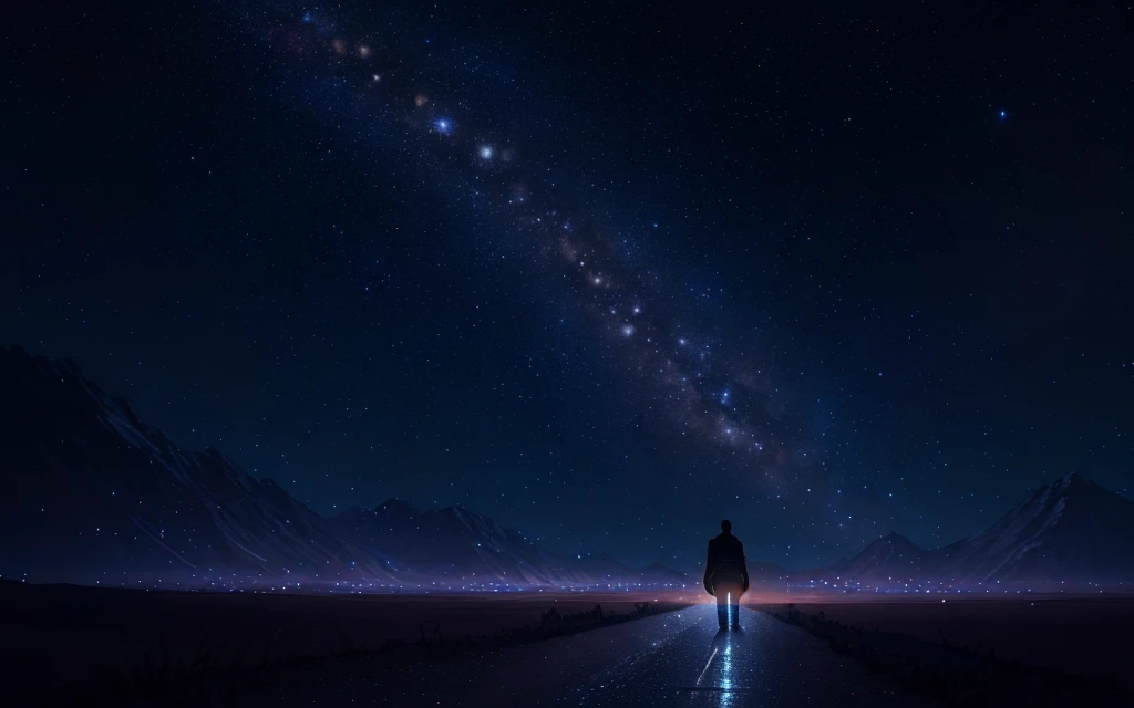 A man walking on a starry road at night, back, dreamy, surreal space, highly cinematic, halfway multiverse, lonely