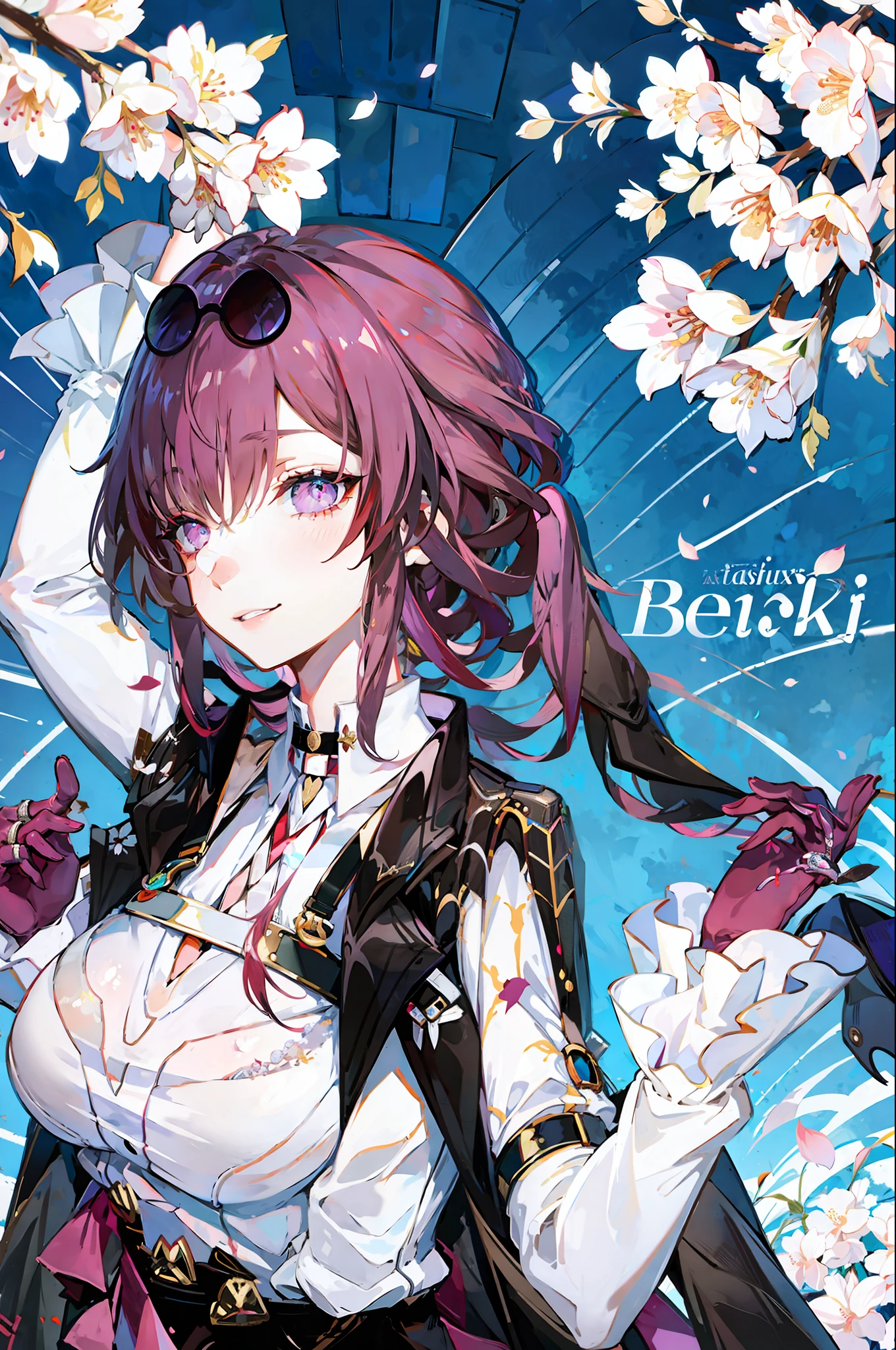 masterpiece, best quality, kafka V4, 1 girl, solo, looking at the audience, smile, parted lips, looking back, purple eyes, sunglasses, upper body, glasses on the head, shirt, white shirt, jacket, white shirt, street, sky, cherry blossoms, petals, Illustrations, (Magazine: 1.3), (Cover Style: 1.3), Fashion, Woman, Vibrant, Attire, Pose, Front, Colorful, Dynamic, Background, Element, Confident, Expressive, Hold, Statement, Attachment, Coiled, Surrounding, Touch, Scene, Text, Cover, Bold, Eye-catching, Title, Fashion, Font, Catchy, Title, Bigger, Eye-catching, Modern, Stylish, Focused, Stylish,