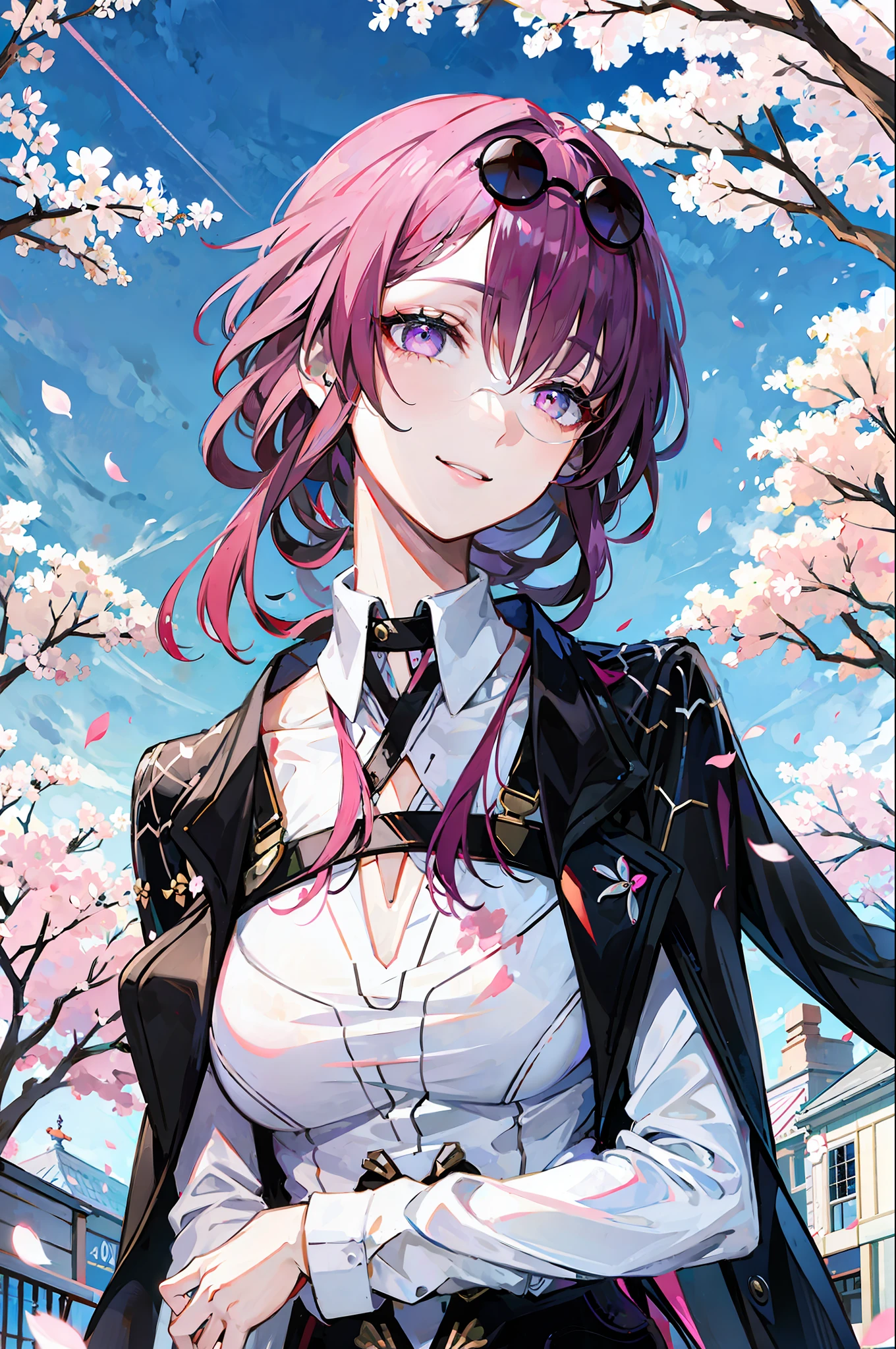 masterpiece, best quality, kafka V4, 1 girl, solo, looking at the audience, smile, parted lips, looking back, purple eyes, sunglasses, upper body, glasses on the head, shirt, white shirt, jacket, white shirt, street, sky, cherry blossoms, petals, Illustrations, (Magazine: 1.3), (Cover Style: 1.3), Fashion, Woman, Vibrant, Attire, Pose, Front, Colorful, Dynamic, Background, Element, Confident, Expressive, Hold, Statement, Attachment, Coiled, Surrounding, Touch, Scene, Text, Cover, Bold, Eye-catching, Title, Fashion, Font, Catchy, Title, Bigger, Eye-catching, Modern, Stylish, Focused, Stylish,
