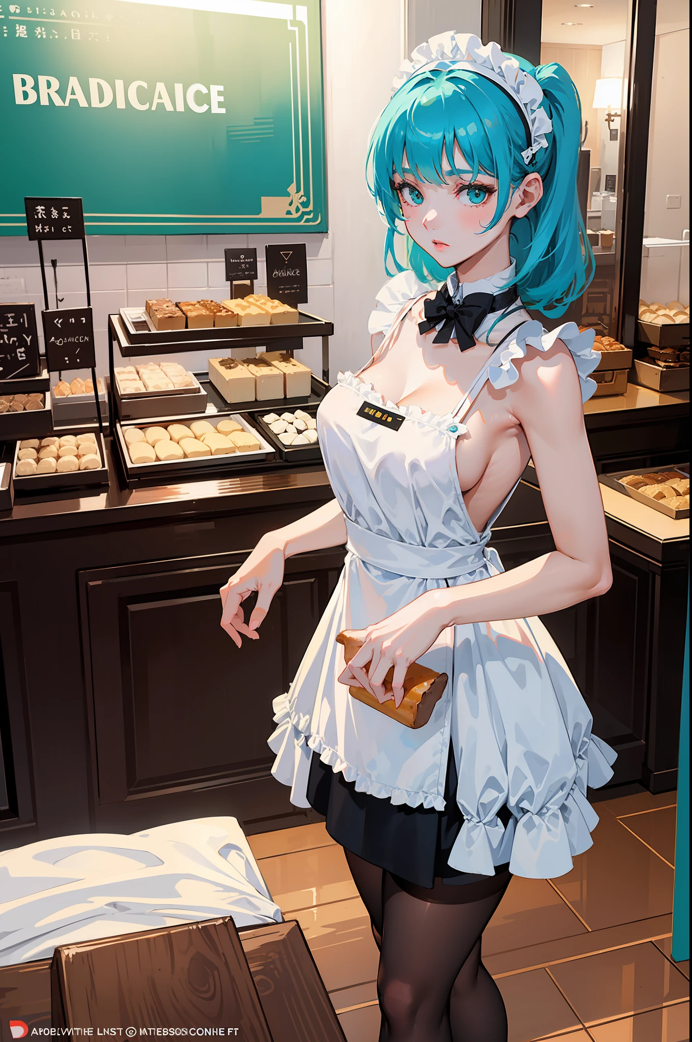 professional shot, emberassing cute young woman, slim figure,  medium size round breasts, european face,  ((turquoise color hair)),white apron, black colored maid uniform, , holding tray with cakes, standing near bar counter, bakery background, adobe lightroom