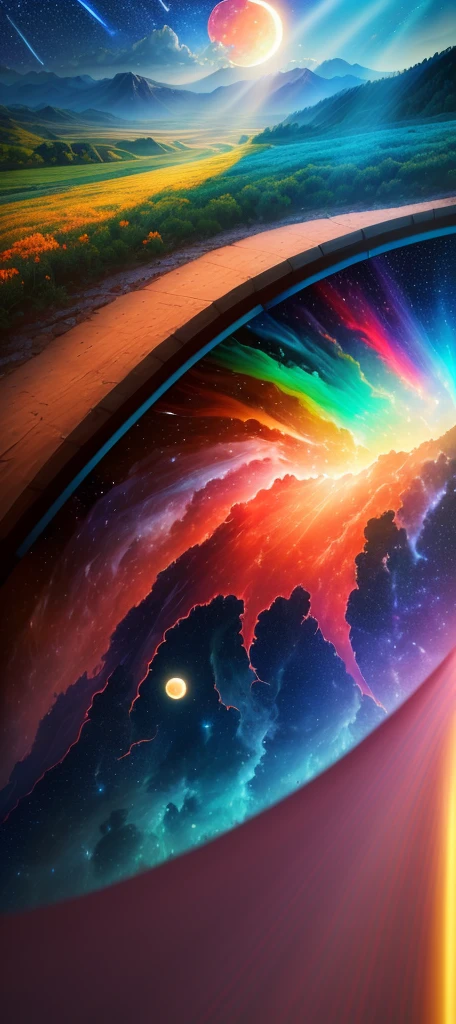 Masterpiece, 8k wallpapers, extremely detailed, best quality, high quality, landscapes. ((Colored sky)), clouds, (((Full moon, nebula and background stars))), (mountains), panorama, , Detail enhancement, Detail enhancement, Flawless. Award-winning photography, Depth of field, HDR, Photorealism, Highly detailed, Intricate, High detail, Dramatic, ((color image)), ((single image)), night, realistic, (((vivid colors)), blue, red, yellow, orange, green, ((light rays, rays)),