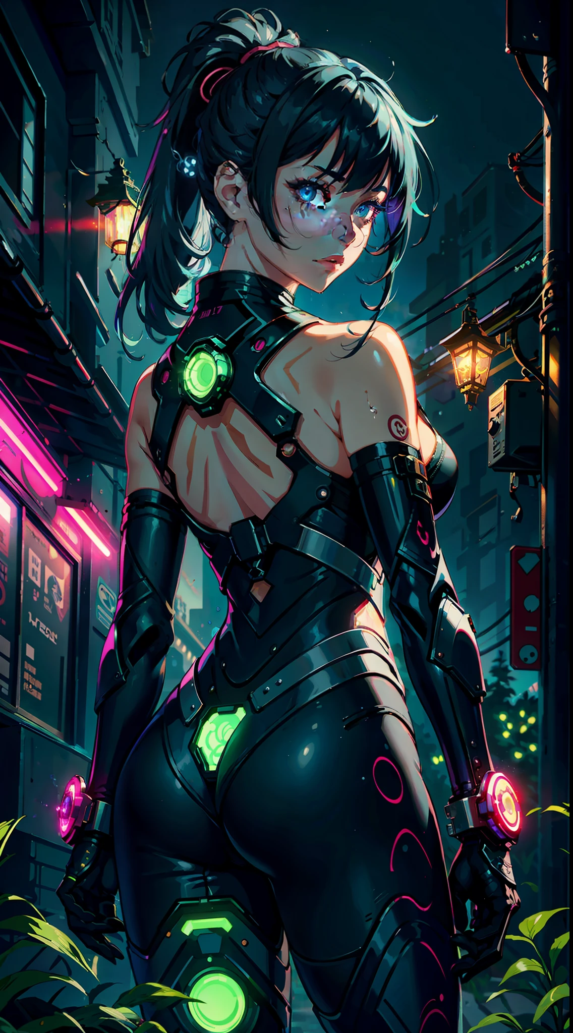 1girl, solo, girl, close up' futuristic outfit, neon samurai, very beautiful cyberpunk samurai, cyberpunk samurai, ghost blade style, cyberpunk victo ngai style, cyberpunk neon style, cyberpunc, cyberpunk neon, technomancer, video game character, synthwave image, cyberpunk, concept art neon glow, moon, lantern, night, solo, outdoor, sky, full moon, rain, mountain, cloud, paper lantern, night sky,  fringe, tree, reflection, cloudy sky, {{(masterpiece),(extremely detailed CG unity 8k wallpaper),(side boobs), better quality,solo,cinematic lighting,detailed background,beautiful detailed eyes,bright pupils,(an extremely delicate and beautiful),(beautiful and detailed eye description),ultra-detailed,masterpiece,}}, detailed eyes, beautiful eyes, realistic eyes, beautiful eyes, perfect eyes, back view, (Anamorphic rays, rain),  glow, depth of field