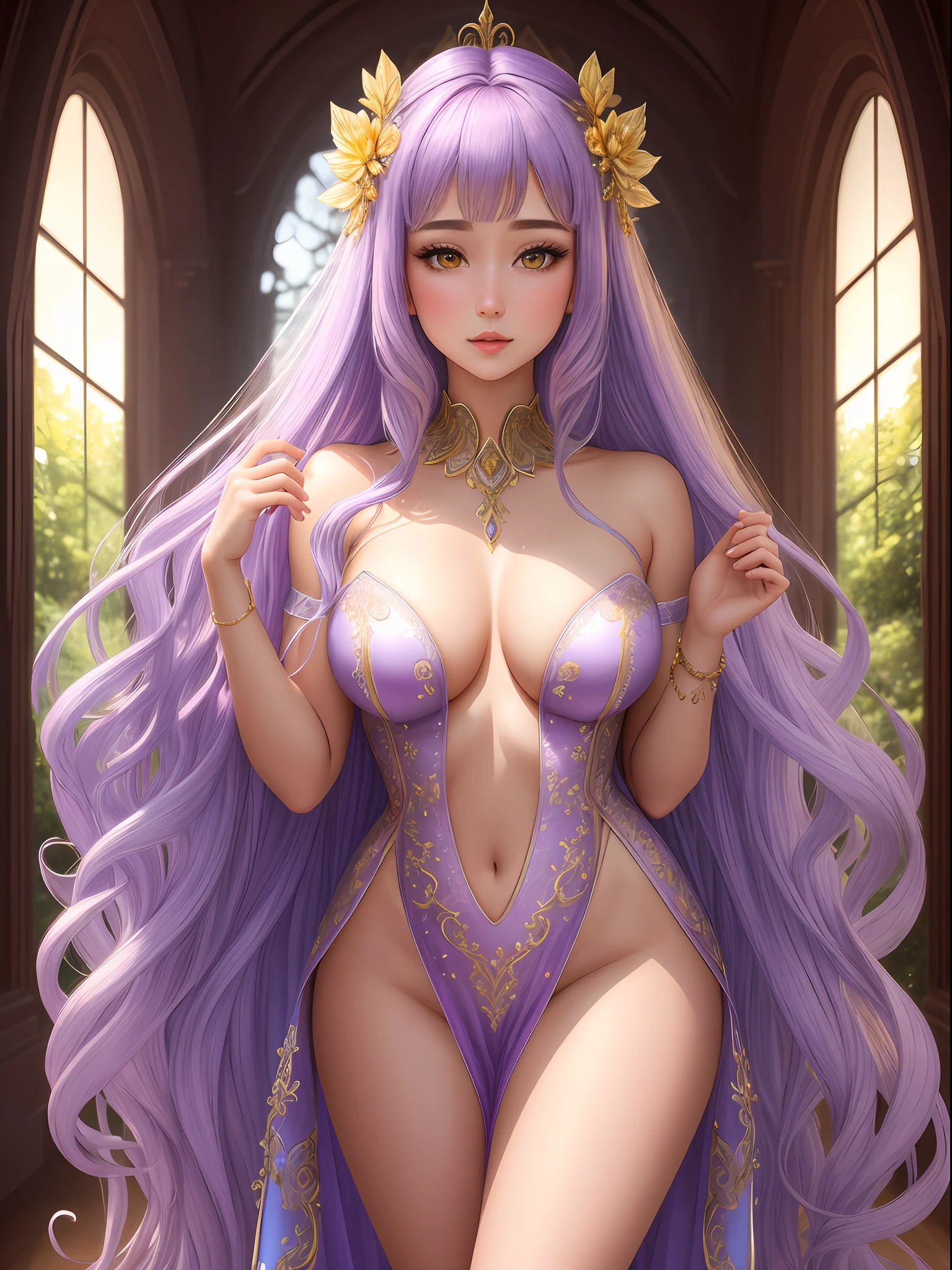 (Masterpiece - Ultra-Detailed, High-Res) Prepare to be enchanted by a true masterpiece that combines ultra-detailed artistry with high-resolution rendering. This artwork showcases a mesmerizing girl with long lilac hair (1.3) and captivating yellow eyes (1.2), emanating an aura of elegance and mystery. The intricate details and lifelike textures invite you to explore every aspect of this enchanting composition. Get ready to be immersed in a world where beauty and craftsmanship merge seamlessly.