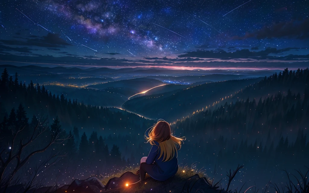 1girl sitting on a hill and looking up at a vibrant night sky of shooting stars, forest, moody, facing away, astrophotography, atmospheric moonlight, highres, distant city