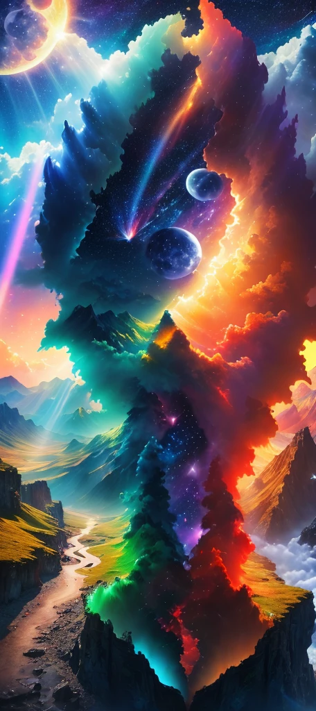 Masterpiece, 8k wallpapers, extremely detailed, best quality, high quality, landscapes. ((Colorful sky)), clouds, (((Full moon, nebula and background stars))), (high mountains), Panorama, , Detail enhancement, Detail enhancement, Flawless. Award-winning photography, Depth of field, HDR, Photorealism, Highly detailed, Intricate, High detail, Dramatic, ((color image)), ((single image)), night, realistic, (((vivid colors)), blue, red, yellow, orange, green, ((light rays, rays)),