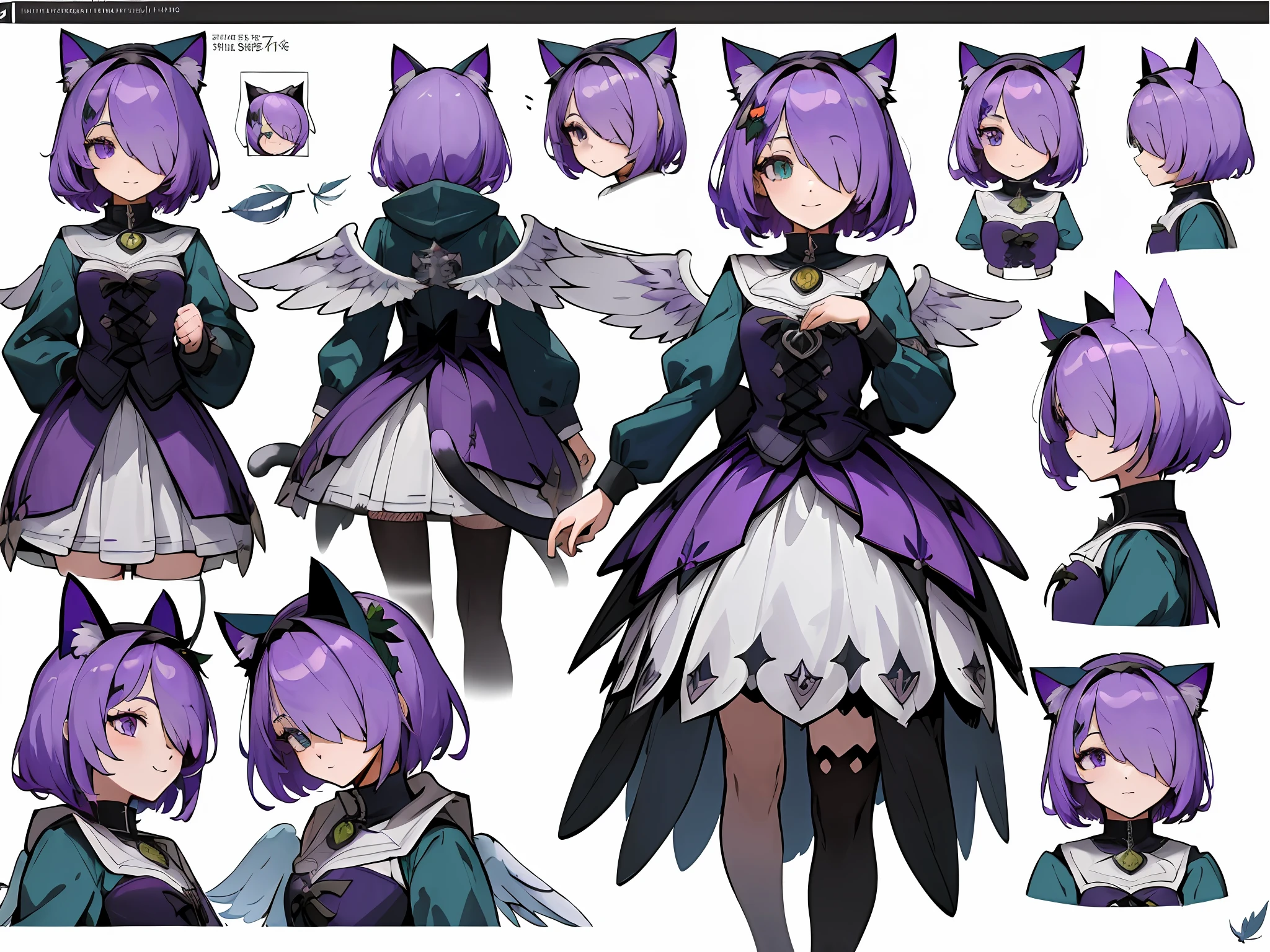 ((masterpiece)),(((best quality))),(character design sheet,same character,front,side,back, facial expressions smile,blank,huff),illustration,1 girl, purple hair, inverted bob,((hair over one eye)) ,beautiful eyes,environment Scene change, pose too, hoodie gothic lolita short skirt thigh highs, ((purple angel wings, feather wing, leaf wing)),aqua eyes, (((cat ears,))) charturnbetalora, (simple background, white background: 1.3) leaf hair ornament, Descendants of Fate,16k, 8k, 4K, highres, best quality, high quality, high details, super detail, knight class: assassin