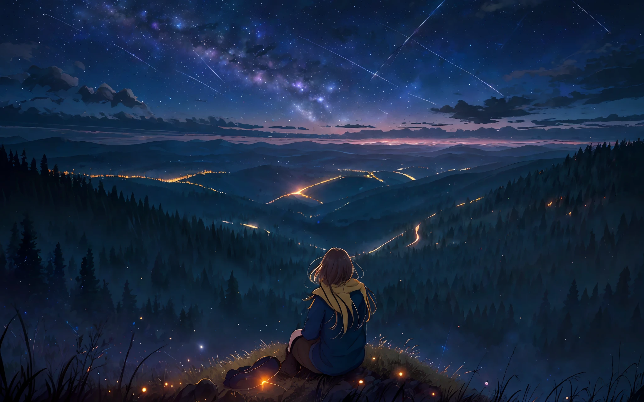 1girl sitting on a hill and looking up at a vibrant night sky of shooting stars, forest, moody, facing away, astrophotography, atmospheric moonlight, highres, distant city