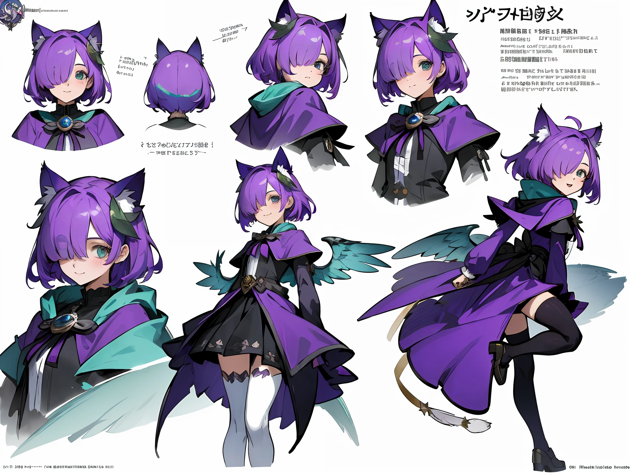 ((masterpiece)),(((best quality))),(character design sheet,same character,front,side,back, facial expressions smile,blank,huff),illustration,1 girl, purple hair, inverted bob,((hair over one eye)) ,beautiful eyes,environment Scene change, pose too, hoodie gothic ta short skirt thigh highs, purple angel wings, feather wing, leaf wing,aqua eyes, cat ears, charturnbetalora, (simple background, white background: 1.3) leaf hair ornament, Descendants of Fate,16k, 8k, 4K, highres, best quality, high quality, high details, super detail, knight class: caster