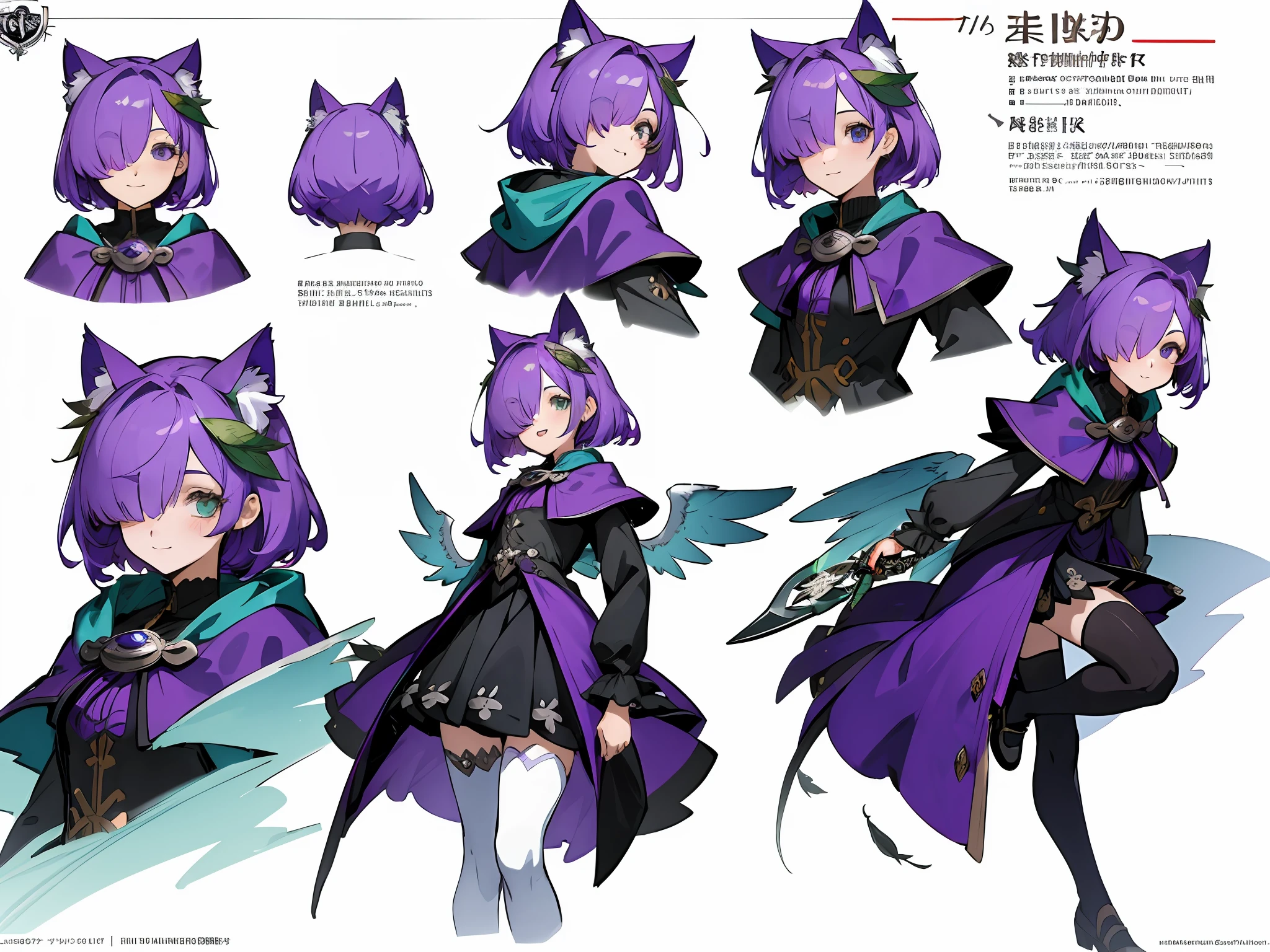 ((masterpiece)),(((best quality))),(character design sheet,same character,front,side,back, facial expressions smile,blank,huff),illustration,1 girl, purple hair, inverted bob,((hair over one eye)) ,beautiful eyes,environment Scene change, pose too, hoodie gothic lolita short skirt thigh highs, purple angel wings, feather wing, leaf wing,aqua eyes, cat ears, charturnbetalora, (simple background, white background: 1.3) leaf hair ornament, Descendants of Fate,16k, 8k, 4K, highres, best quality, high quality, high details, super detail, knight class: caster