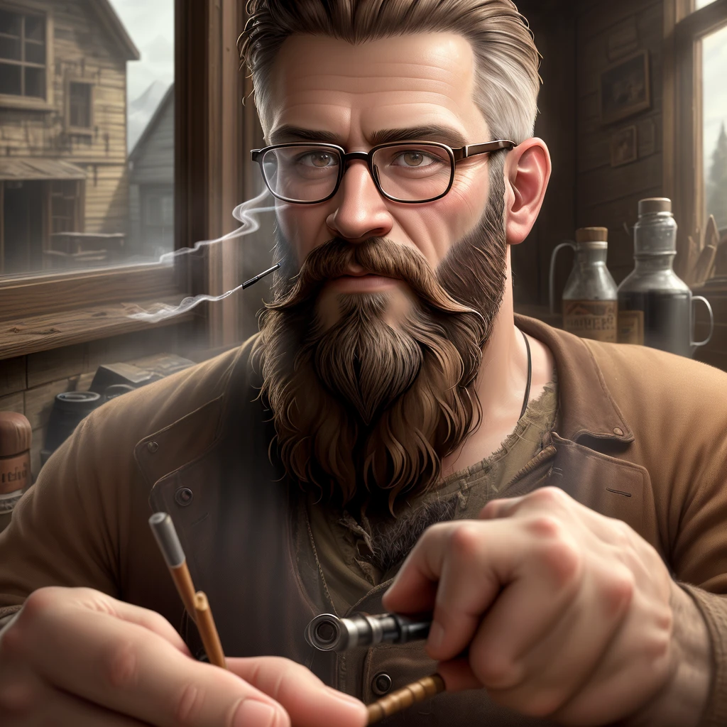 (masterpiece) (cinematic) finely detailed realistic 35 year old man fixing a radio (finely detailed face, realistic face, detailed skin, detailed texture, detailed eyeglasses, detailed beard, cigarette, whiskey, perfect hands, detailed hands ), workshop background (abandoned, rustic building, scenery with highly detailed parked tools, decoration frames, light coming through the window) realistic photo, with lots of details and in 4k (brown tones)