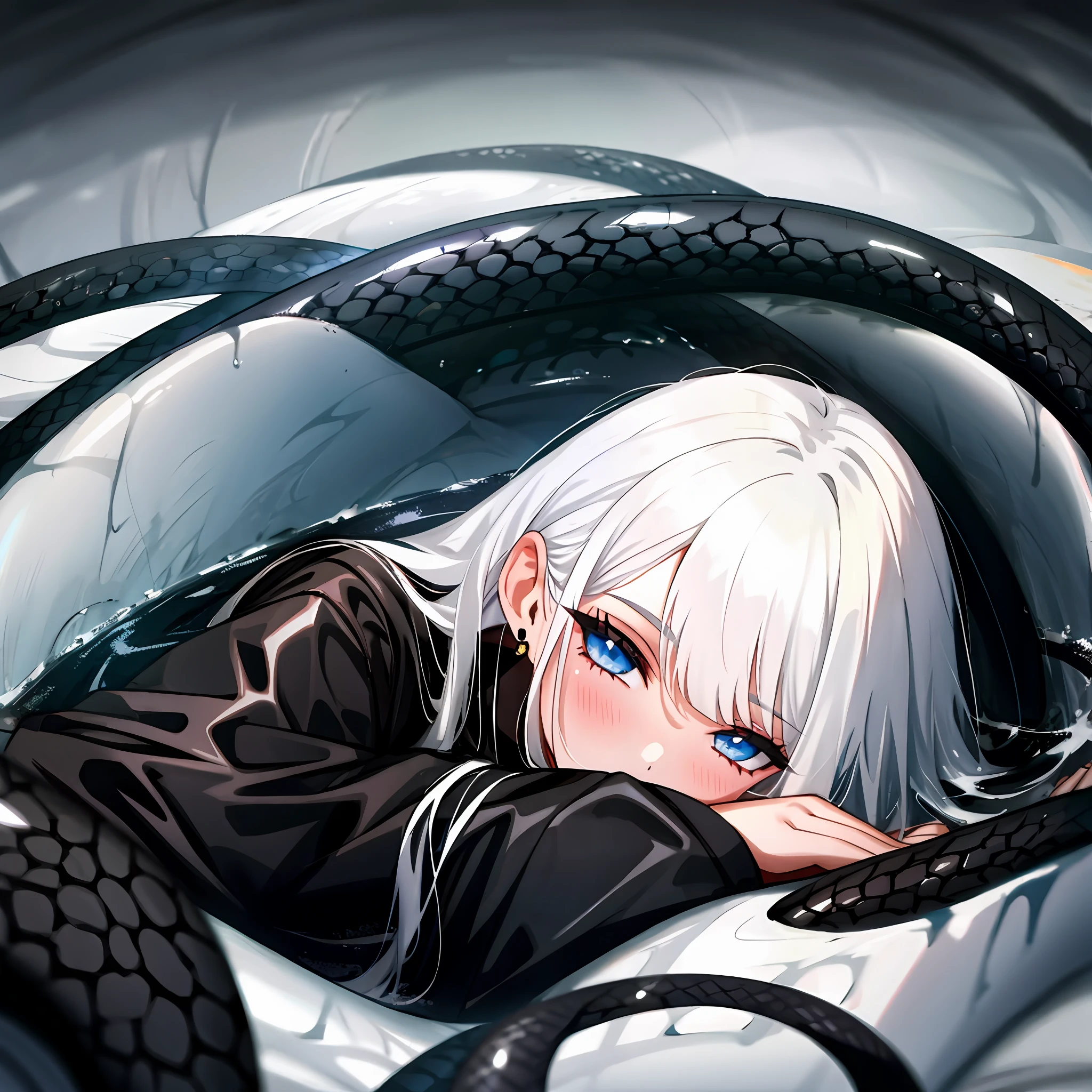Incredibly beautiful wet girl with white hair lying in a ball of black snakes