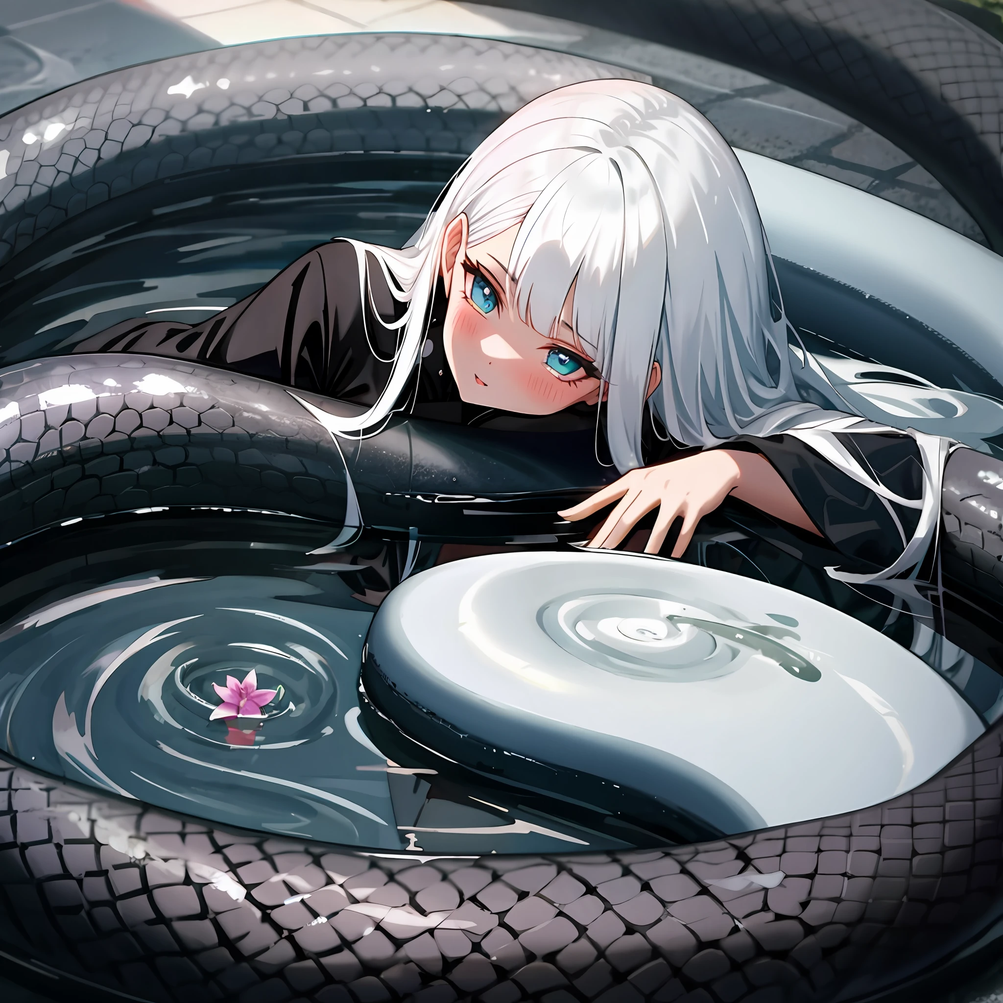 Incredibly beautiful wet girl with white hair lying in a ball of black snakes