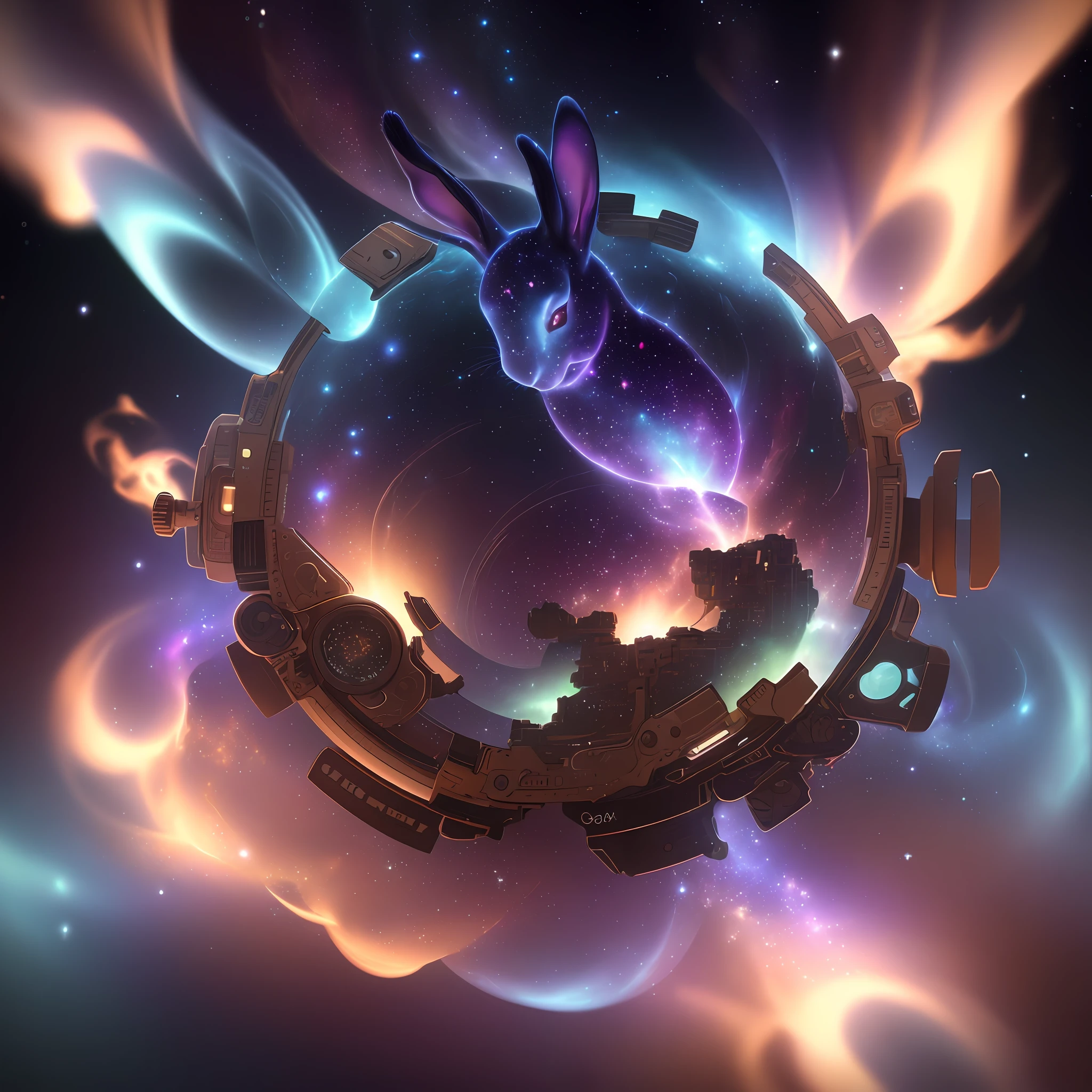 galaxies, spirals, space, nebulae, stars, smoke, iridescent, intricate detail, in the shape of a rabbit, octane render, 8k, --q 2 --ar 2:3 --uplight