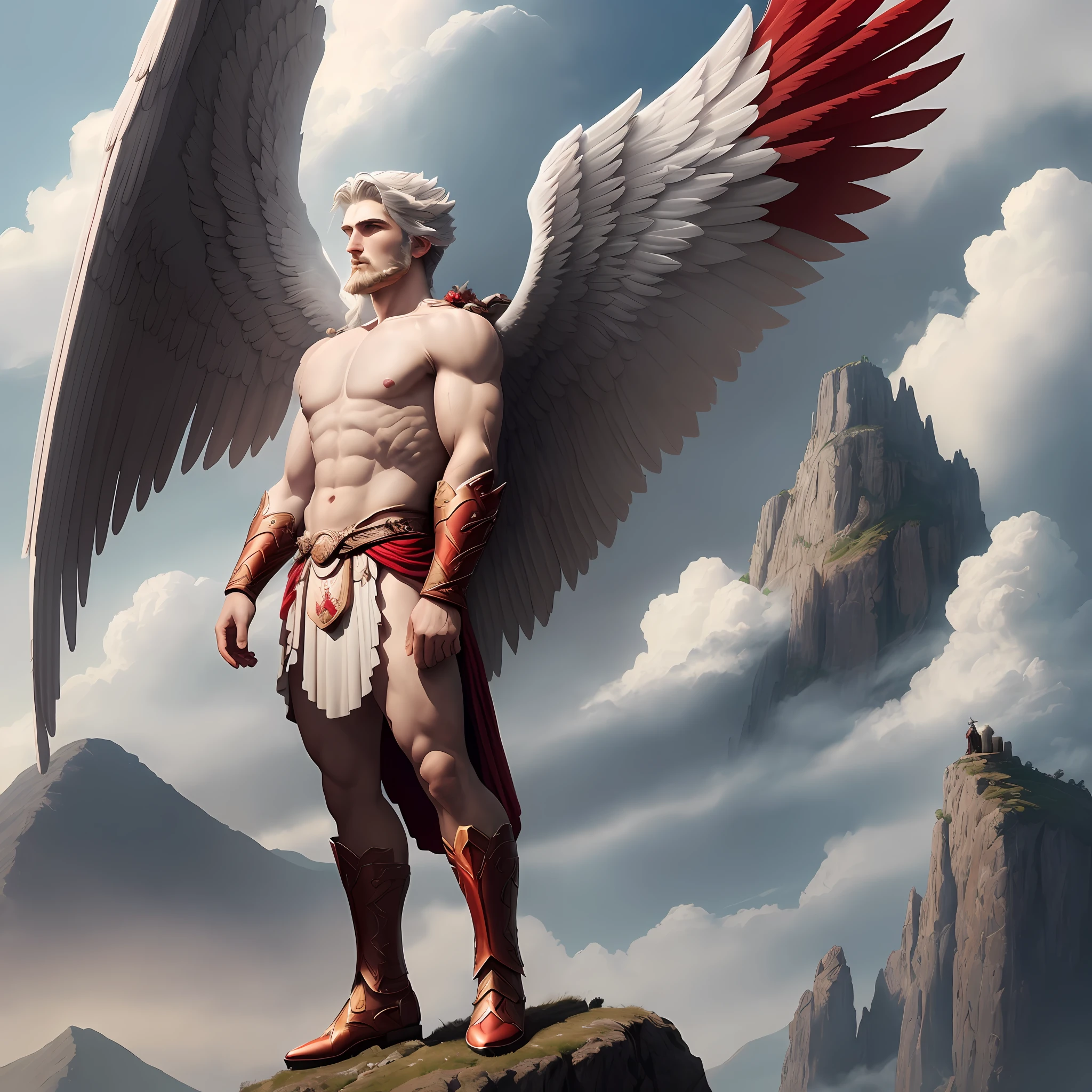 There is a man with wings standing on a rock with a mountain in the background, winged human, majestic full-bodied angel, epic angel wings, winged archer, digital painting of Greek myth, winged boy, furious god Zeus, distant high shot angel, large angel wings on his back, no wings, red boot with wings., barba completa