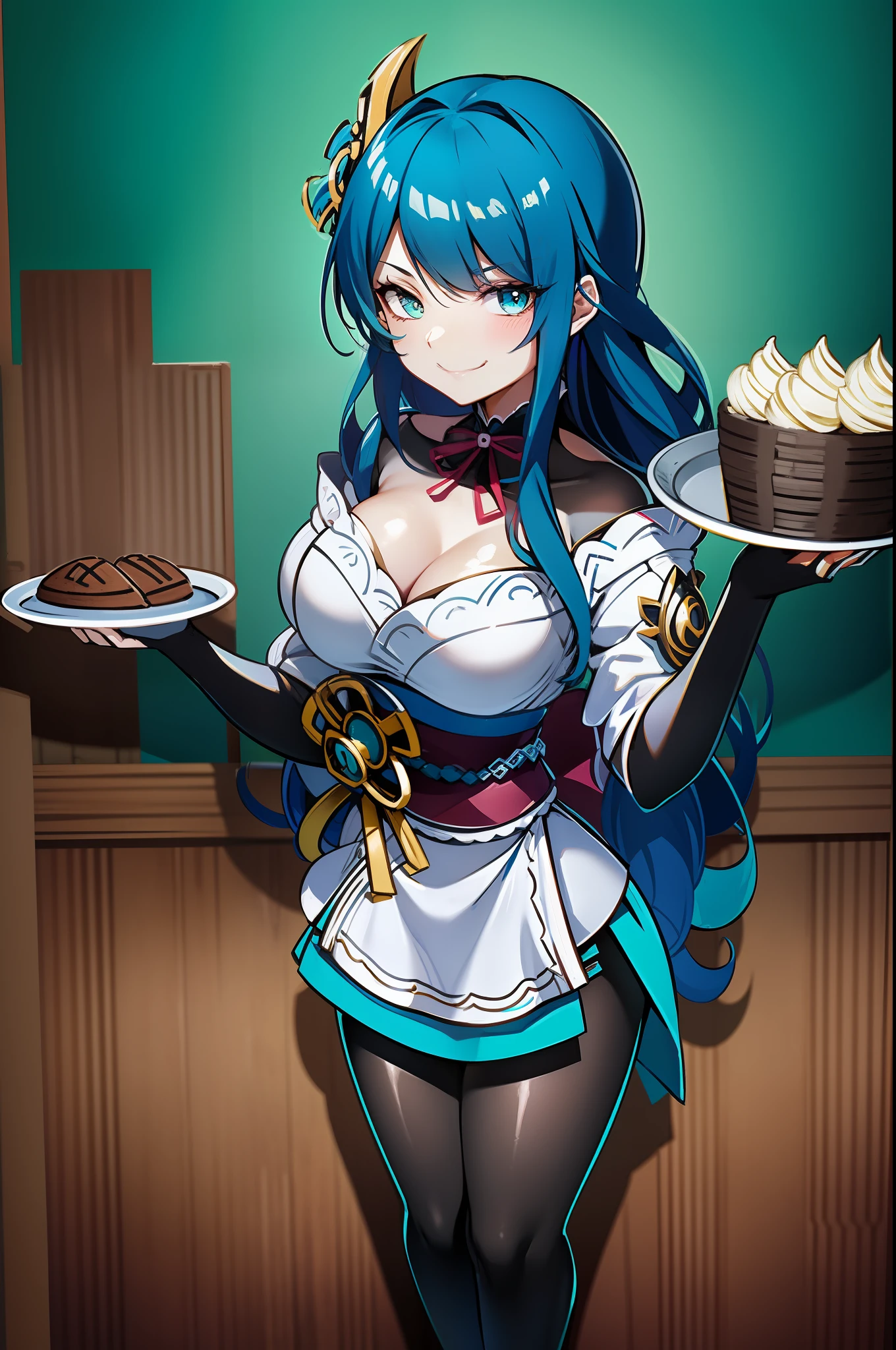 {Evil Smile},Professional Shot, Cute Young Woman, Slender Body, Medium Size Round Breasts, European Face, ((Turquoise Hair)), White Apron, Black Maid Uniform, Holding a Tray with Cake, Standing Near the Bar Counter, Bakery Background, Adobe Lightroom,{Evil Smile},{Evil Circle},{Circle of Darkness},