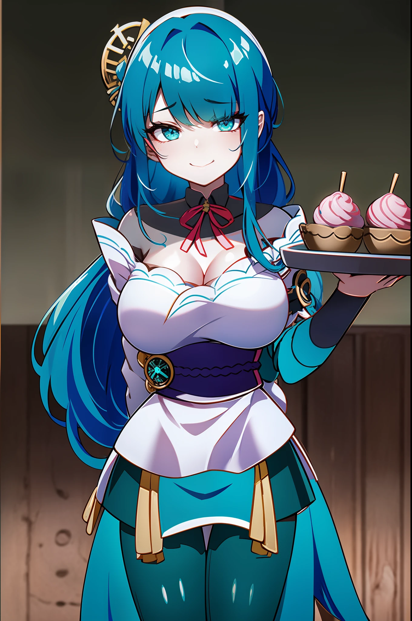 {Evil Smile},Professional Shot, Cute Young Woman, Slender Body, Medium Size Round Breasts, European Face, ((Turquoise Hair)), White Apron, Black Maid Uniform, Holding a Tray with Cake, Standing Near the Bar Counter, Bakery Background, Adobe Lightroom,{Evil Smile},{Evil Circle},{Circle of Darkness},