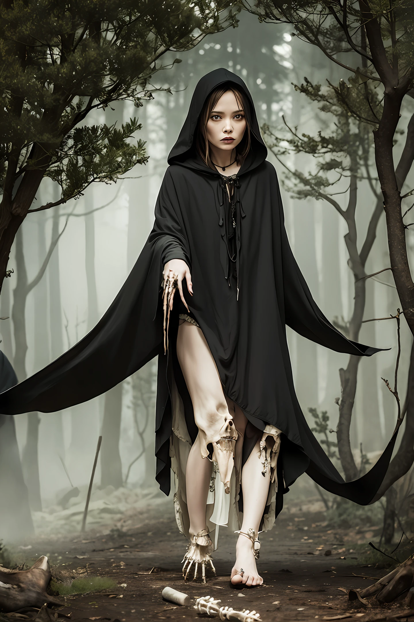 A hooded witch coming out of the forest with human bones in her hands