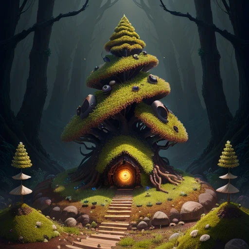 Anthill with a round cone shape, covered in obsidian and fungi and moss, hype realistic, 4k, 1:1