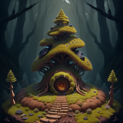 Anthill with a round cone shape, covered in obsidian and fungi and moss, hype realistic, 4k, 1:1