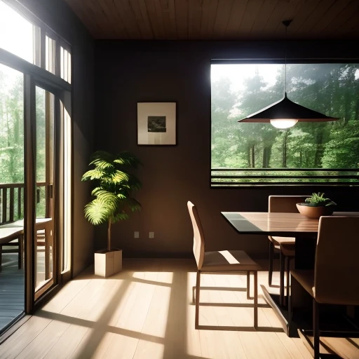 Very realistic, interior design, very detailed architectural photography, comfortable modern living room, (bright warm sunshine 1:0.1), award-winning contemporary interior design, landscape, table, chair, interior, wooden floor, window, dining room, East Asian architecture, sliding door, lamp, architecture, forest, nature, cup, plant, interior design, interesting light and shadow, depth of field, low light, realistic shadow, realistic lighting, 8k, HD
