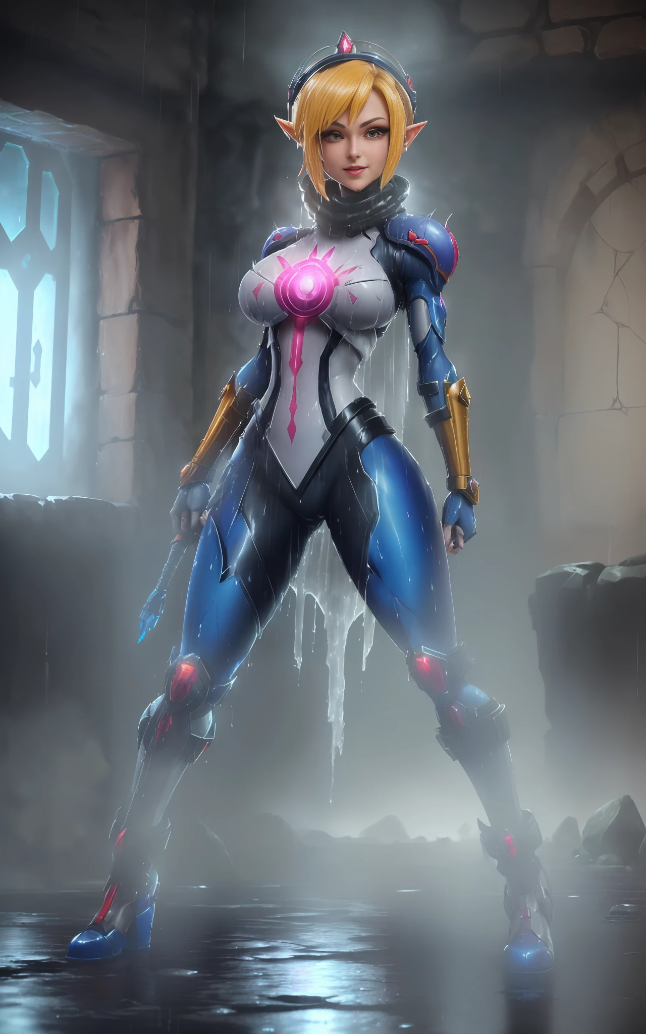 ((1 Princess Zelda/Mega Man-X/Samus Aran/helmet on the head/poses/legs apart/huge breasts/short mohawk hair/tattoos on the whole body/leser cannon on the right arm/bathed in blood from her enemies on the outfit and the whole body/extremely wet/looked at the viewer with a manic smile. Background: Futuristic masmora with all wet because of rain/raining too hard inside the dungeon) Unreal Engine 5, Anime Style, Mortal Kombat/Mega Man-X/Super Metroid, Max Resolution/Sharpness/Quality/Detail.