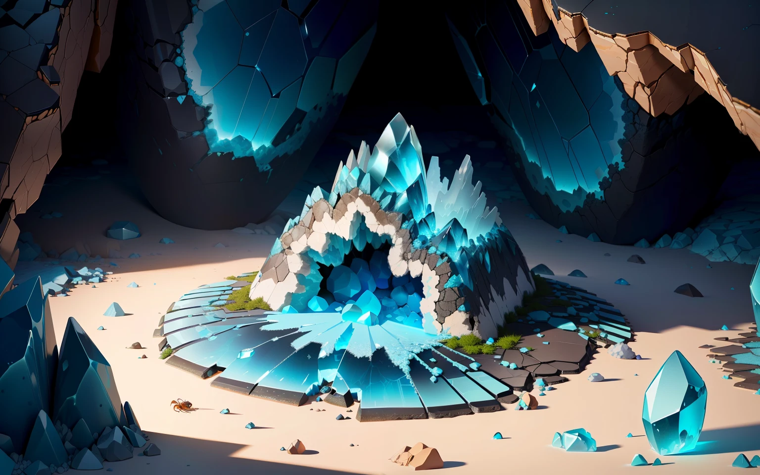 aquamarine geode crashed into the side of an ant colony, ant colony, ants, anthill under, masterpiece, 8k, hd, realistic