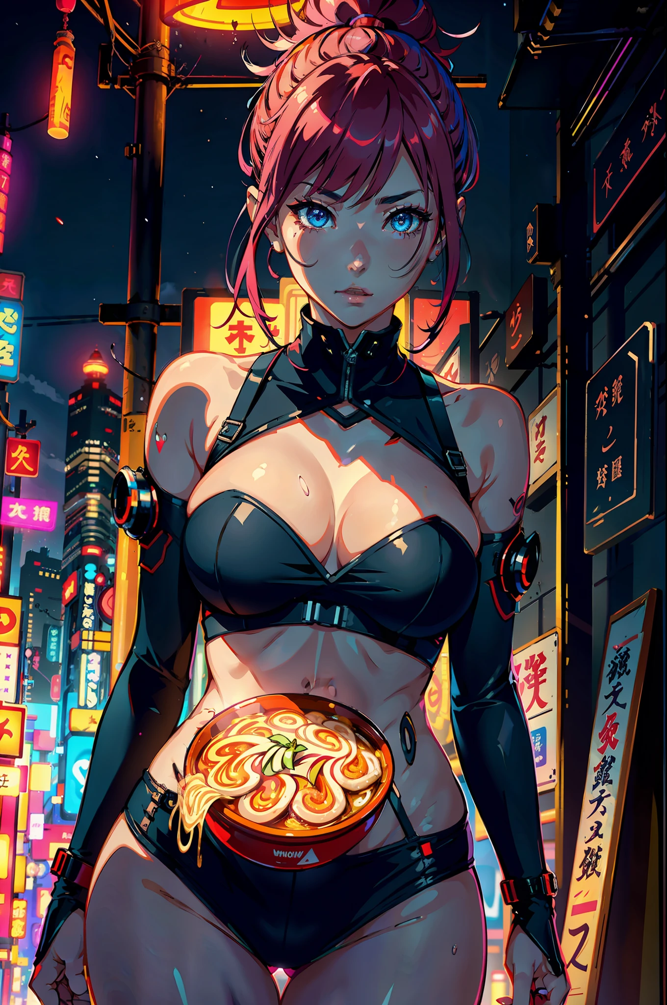 1girl, solo, girl, close up, futuristic outfit, neon samurai, very handsome cyberpunk samurai, cyberpunk samurai, pink and red hair, ghost blade style, cyberpunk style, cyberpunk neon style, video game character, synthwave image, cyberpunk, concept art neon glow, moon, lantern, night, solo, outdoor, sky, full moon, rain, mountain, cloud, paper lantern, night sky, reflection,, {{(masterpiece),(extremely detailed CG unity 8k wallpaper), (side boobs), best quality,solo,cinematic lighting,detailed background,beautiful detailed eyes,bright pupils,(an extremely delicate and beautiful),(beautiful and detailed eye description),ultra-detailed,masterpiece,}}, detailed eyes, beautiful eyes, realistic eyes, beautiful eyes, perfect eyes, (Anamorphic rays, ramen shop), glow, depth of field