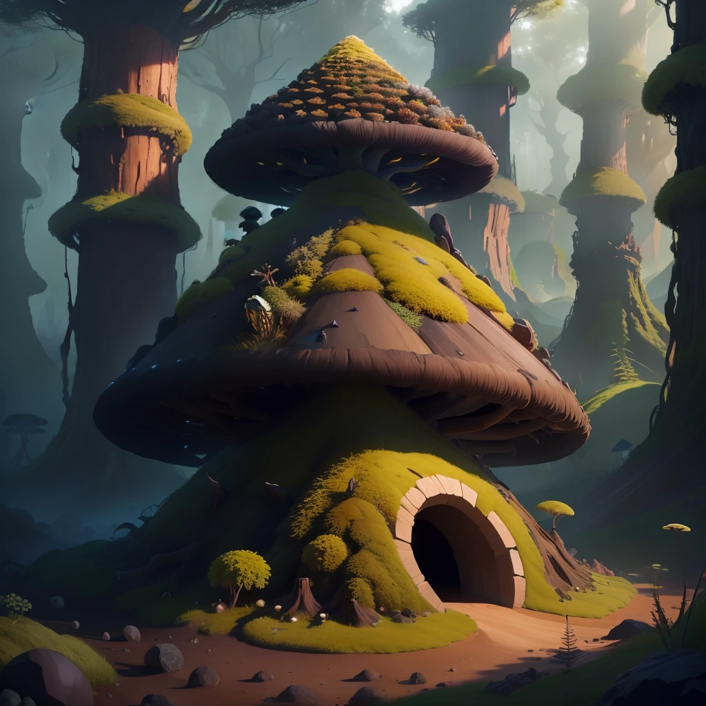 Anthill with a round cone shape, covered in obsidian and fungi and moss, hype realistic, 4k, 1:1