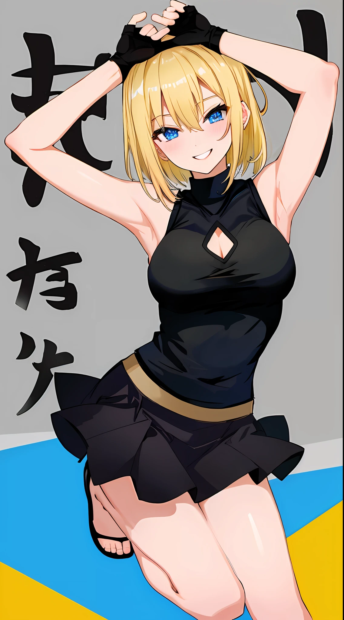 High Definition Blonde Blue Eyes Double Teeth Black Tank Top Black Skirt Smile Sexy Pose short hair 背景無し