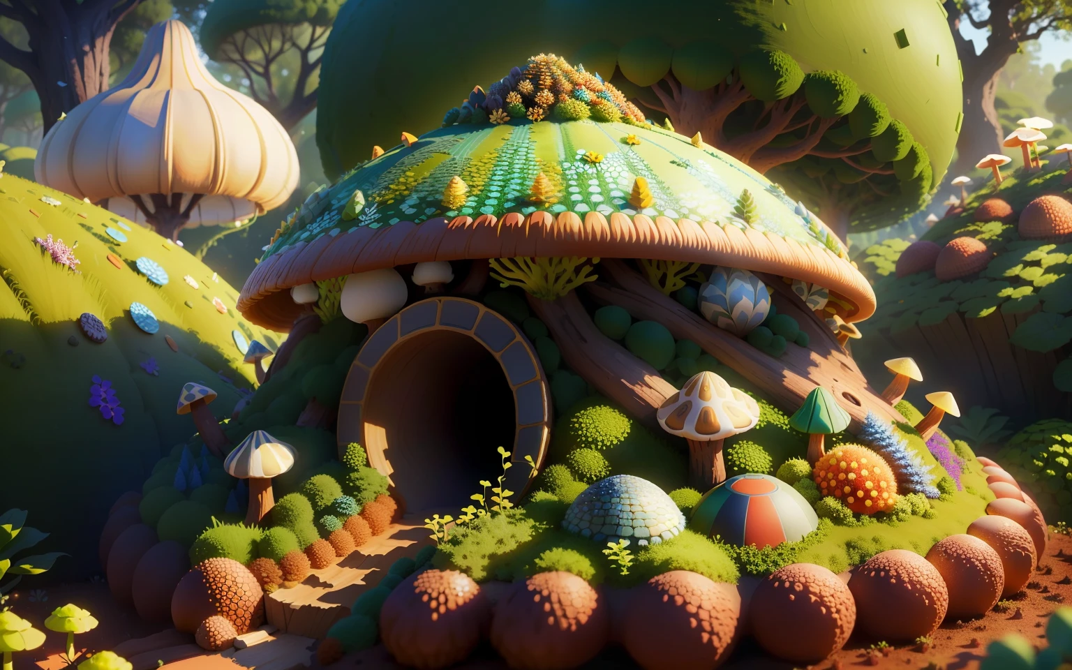 Anthill with a round cone shape, covered in scales and fungi, small gardens sorrounding it, hype realistic, 4k, 1:1
