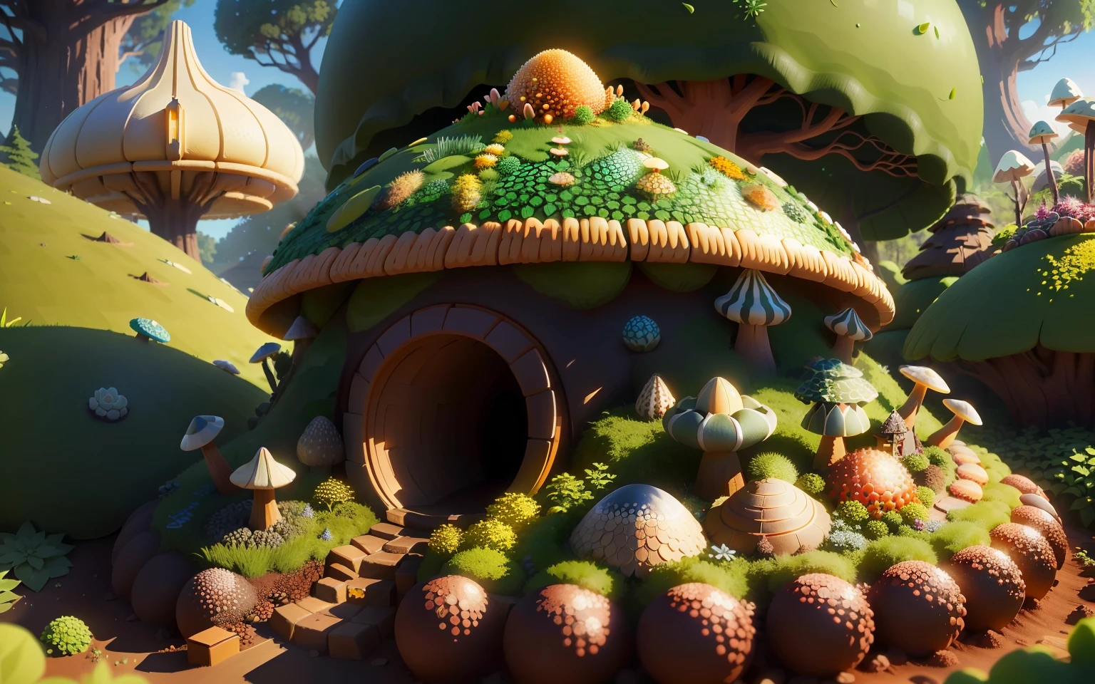 Anthill with a round cone shape, covered in scales and fungi, small gardens sorrounding it, hype realistic, 4k, 1:1