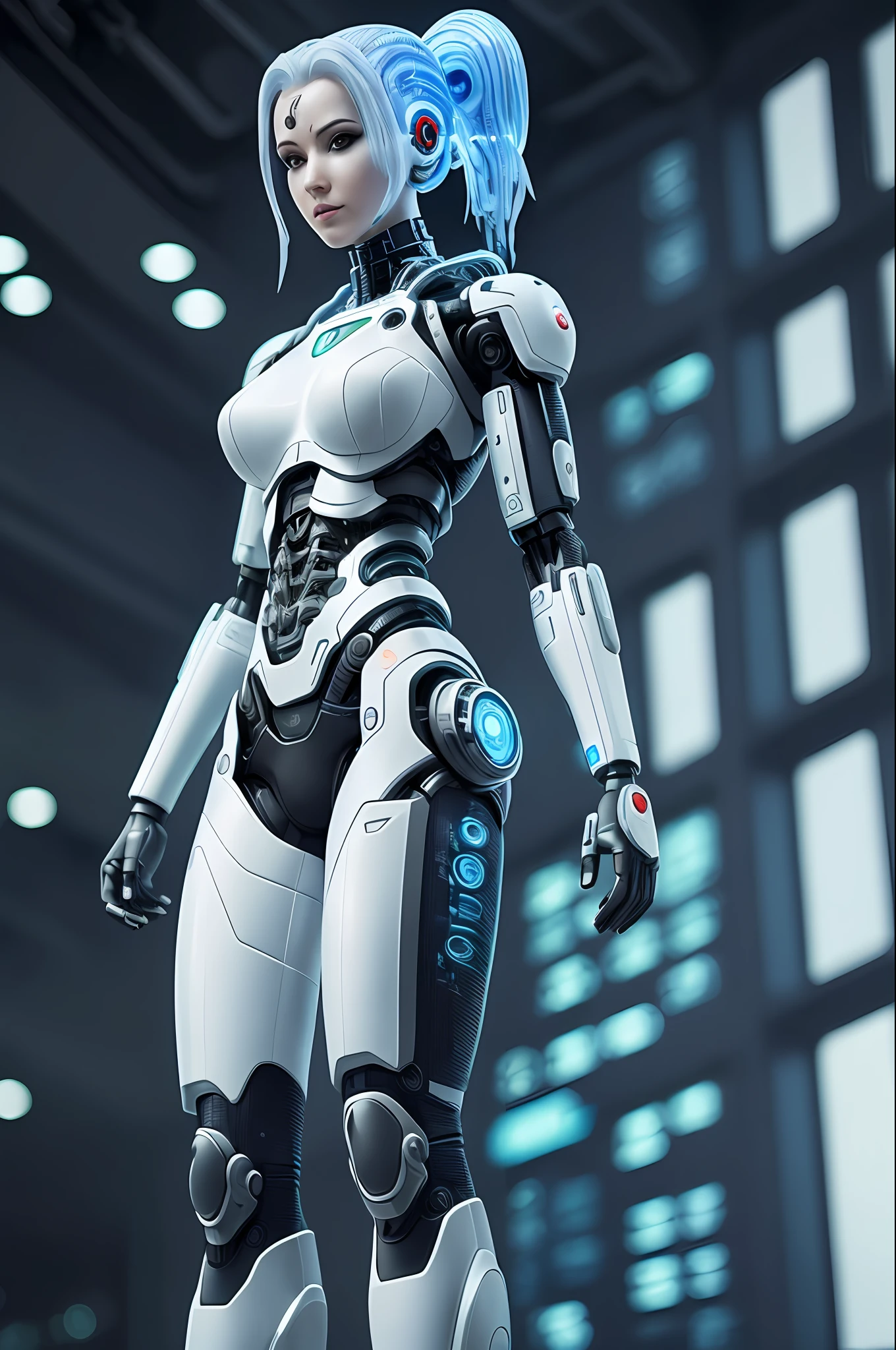 Full Body Shot | Cyborg Woman | With a detailed brain that you can see | Rear Head Detailed Machine Parts Representation | Electronic Systems On-Head Humanoids | Muscle wire | Flesh-colored skin| Biopunk| Cybernetics | Cyberpunk | Canon M50| 100mm| Sharp Focus | Hyperrealism | Very detailed| Intricate Details | Vascular Expression |Strong Legs | Big Paw |
