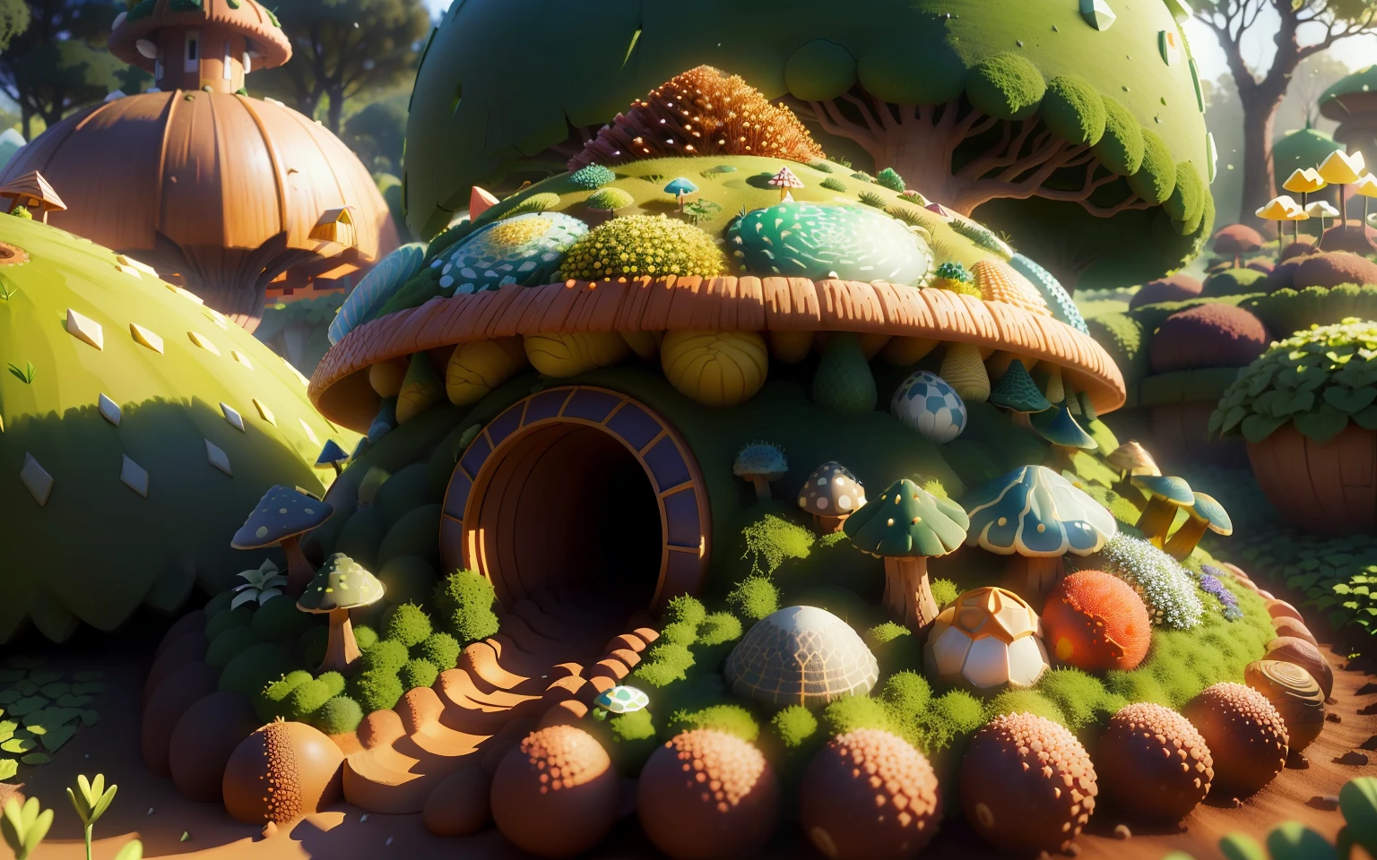 Anthill with a round cone shape, covered in scales and fungi, small gardens sorrounding it, hype realistic, 4k, 1:1
