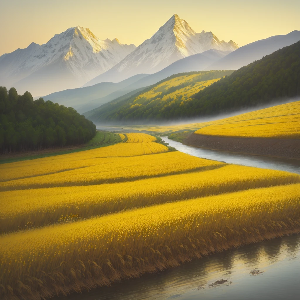 Yellow millet field, man, mountain, wood, river, concise, sketch
