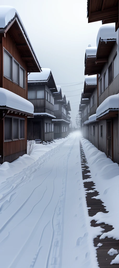 Heavy snow, all the time, dilapidated houses.