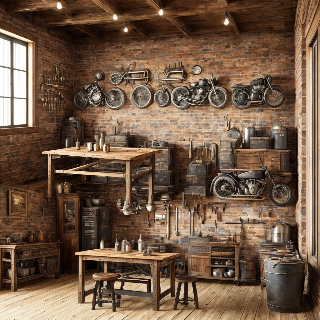 (masterpiece) (cinematic) Fine Detailed Old American Style Motorcycle Workshop Interior (Detailed Wall Bike Frames, Super Detailed Rustic Table, Finely Detailed Tools) Ultra Definition and 4K Image