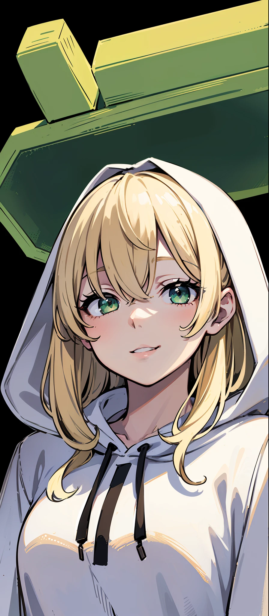 ((in the style of Arcane)), a beautiful girl, ((masterpiece, illustration, strong outlines, 1girl, solo, super sharp focus, 8k, ultra-detailed)), (blonde beige hair:1.3), (, small breasts:1.45), smile, happy, long hair, very long hair, (long hair bangs, bangs over the eyes, hair over the eyes, messy hair, asymmetrical hair:1.3), green eyes, dark green eyes, selfie, portrait, face focus, (oversized hoodie, white monochrome hoodie:1.3), cute, digital art, beautiful, perfection, ((transparent background, monochrome background, black background))