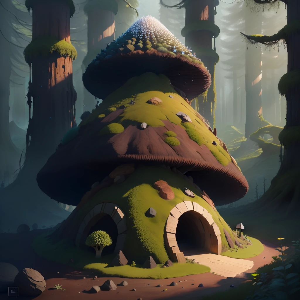 Anthill with a round cone shape, covered in obsidian and fungi and moss, hype realistic, 4k, 1:1