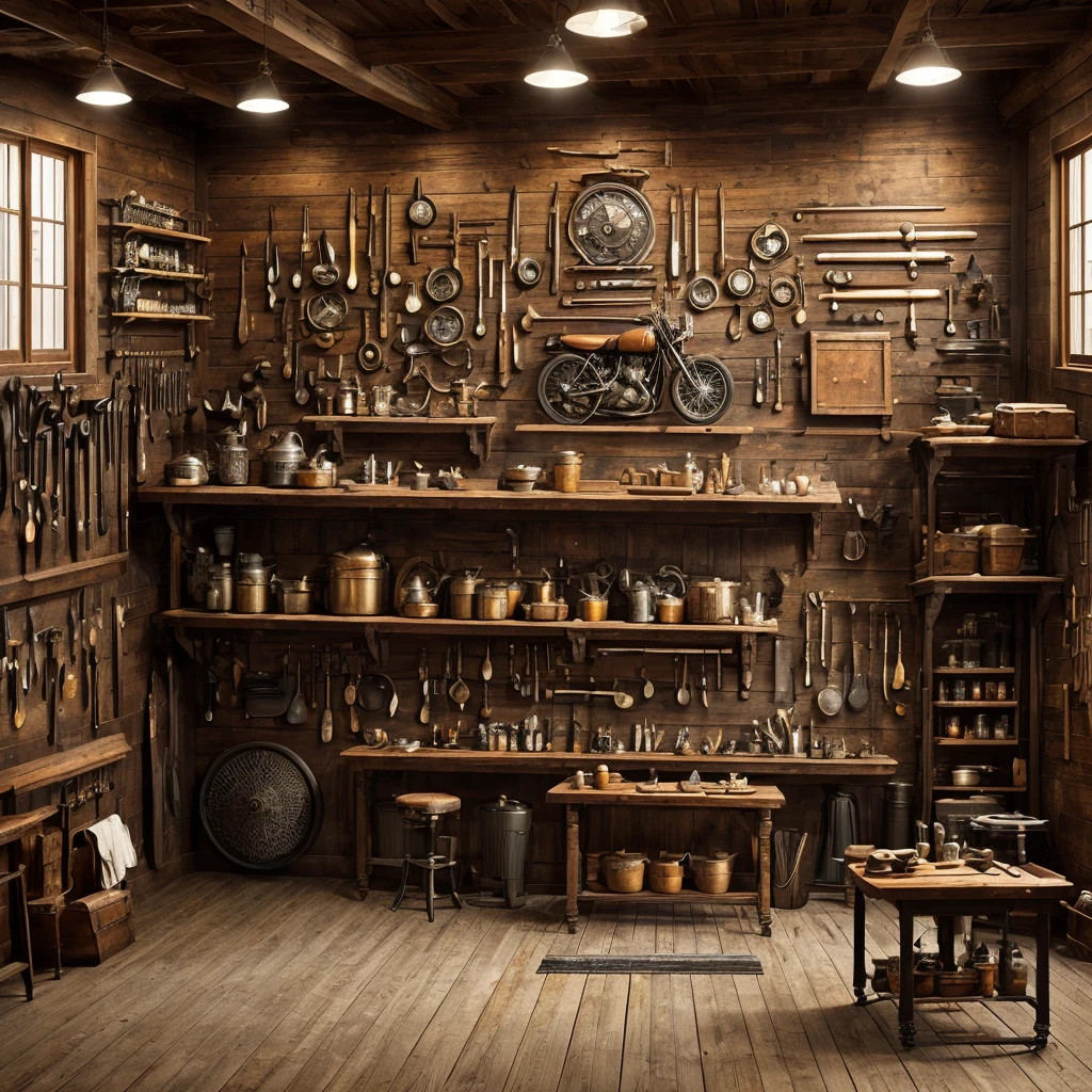 (masterpiece) (cinematic) Fine Detailed Old American Style Motorcycle Workshop Interior (Detailed Wall Bike Frames, Super Detailed Rustic Table, Finely Detailed Tools) Ultra Definition and 4K Image