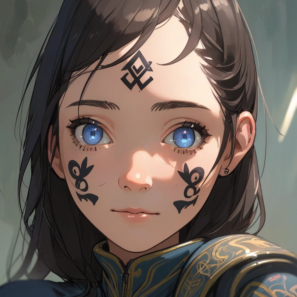 (Ultra realistic), (Illustration), (High resolution), (8K), (Extremely detailed), (Best illustration), (Beautiful and detailed eyes), (Best quality), (Ultra detailed), (Masterpiece), ( wallpaper), (detailed face), shooter, frances with facial tattoos on the side of face, detailed face, in the dark, deep shadows, blue suit, muscular