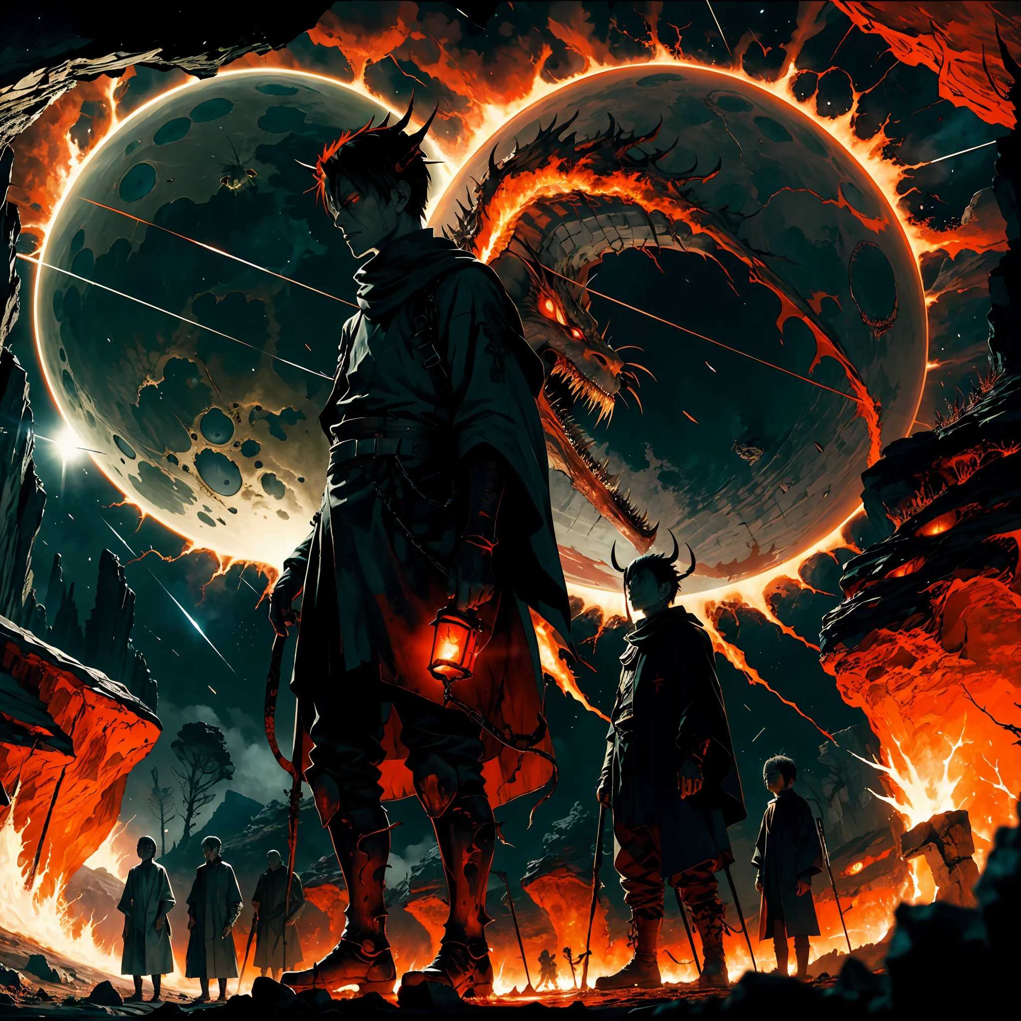 Seita stood tall, his fiery eyes and glowing cross a beacon in the hellish darkness. He preached to a horde of demons, his voice ringing out in powerful conviction. The air was thick with the stench of brimstone, the red light reflecting off of jagged rocks and glowing lava rivers. The scene was intense, chaos all around him, as the demons listened with rapt attention.