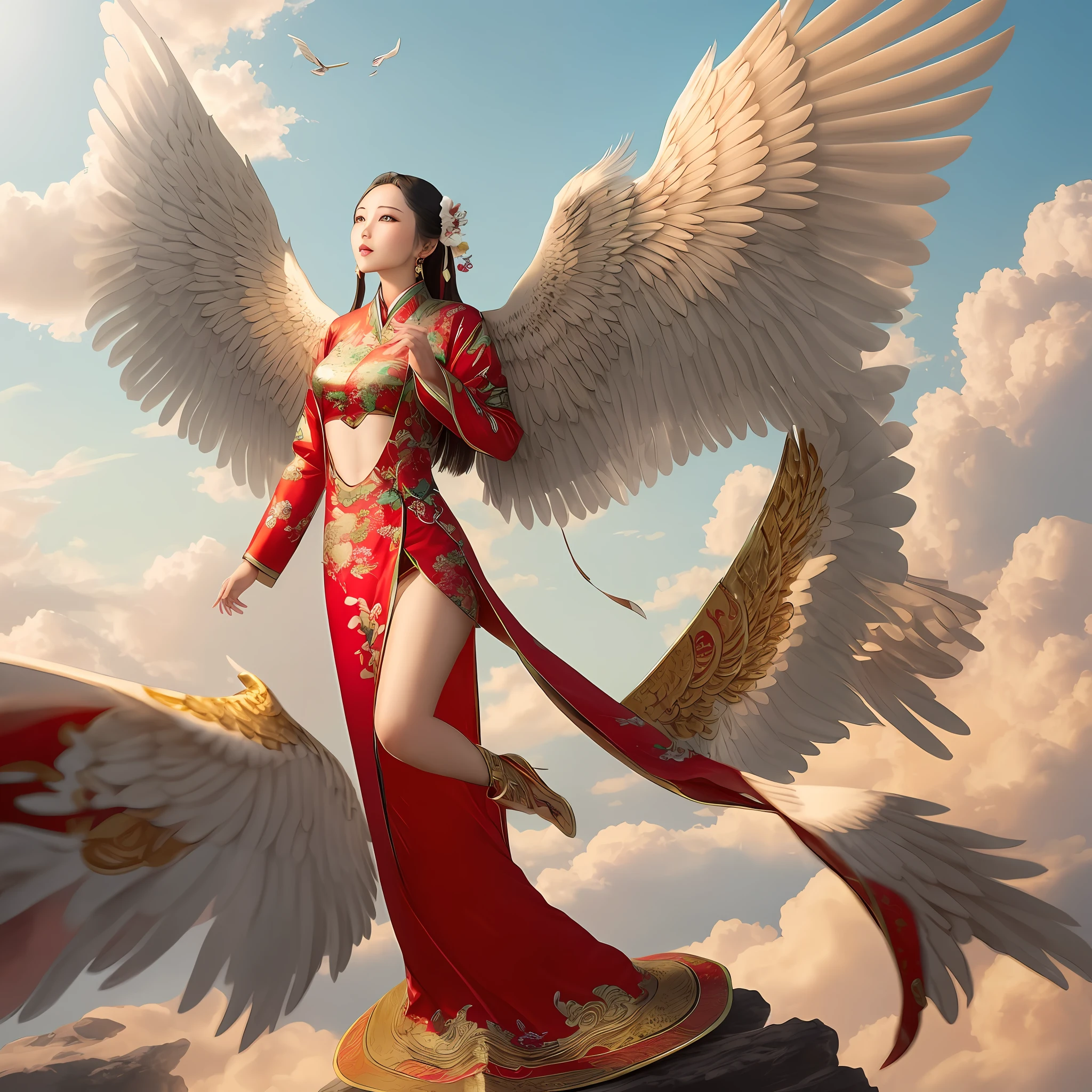 Magnificent wings, majestic, beautiful steals, oriental style clothes, new clothes, lowered hands, beautiful hands, hands