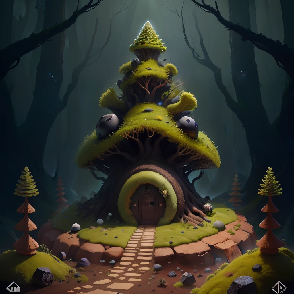 Anthill with a round cone shape, covered in obsidian and fungi and moss, hype realistic, 4k, 1:1