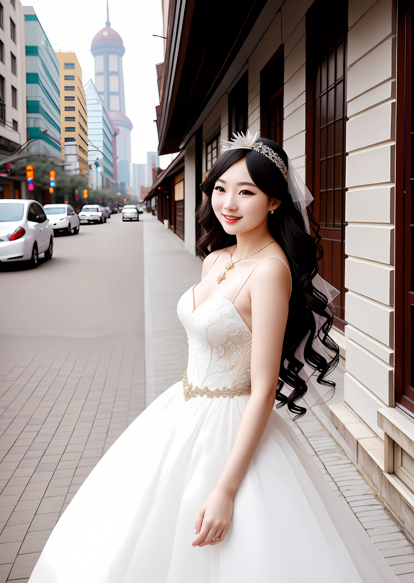 Fashion model photography, wedding dress with phoenix pattern, beautiful figure, medium shot, beautiful Shanghai girl, long hair, hair accessories, necklace, pale skin, smiling, background is Shanghai Bund, high texture, natural light