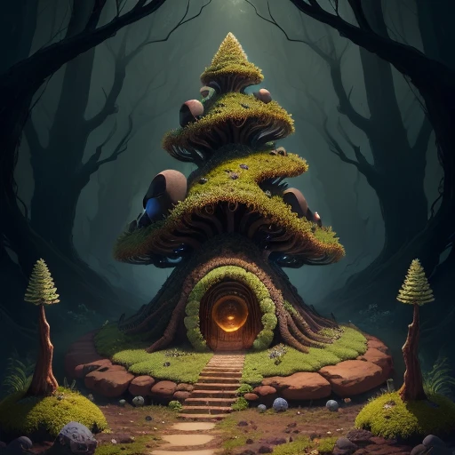 Anthill with a round cone shape, covered in obsidian and fungi and moss, hype realistic, 4k, 1:1