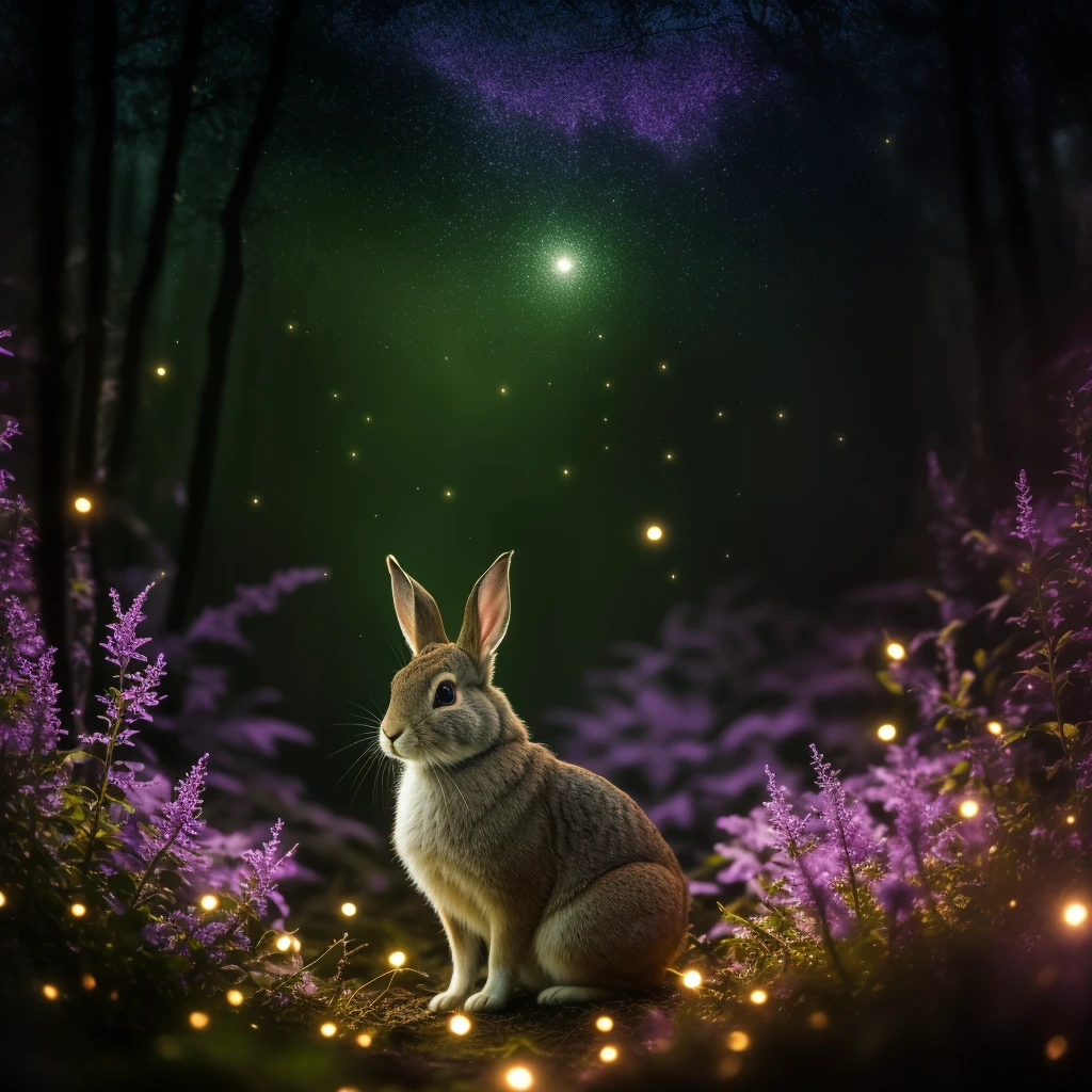 close up photo of a rabbit in an enchanted forest, nighttime, fireflies, volumetric fog, halation, bloom, dramatic atmosphere, centred, rule of thirds, 200mm 1.4f macro shot