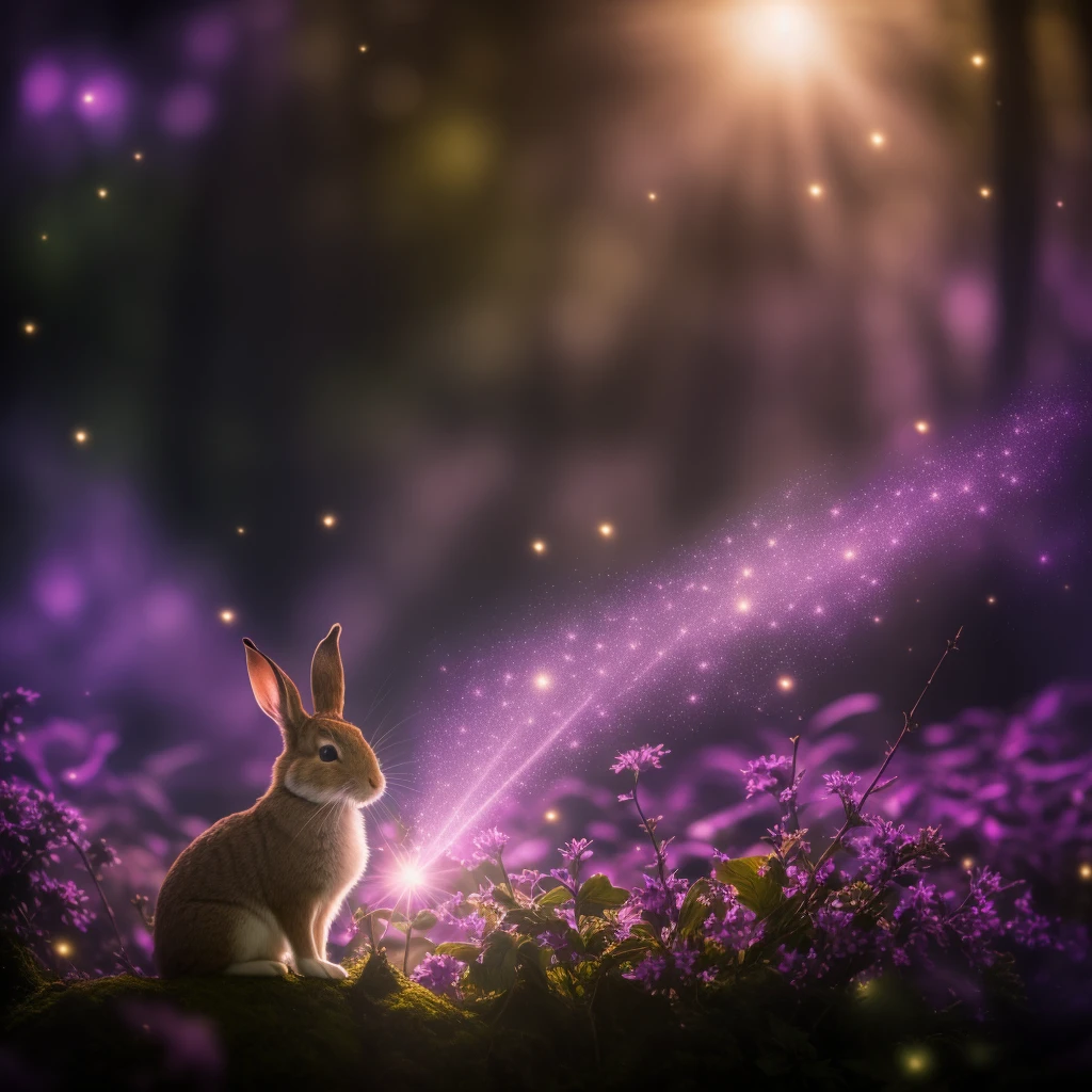 close up photo of a rabbit in an enchanted forest, nighttime, fireflies, volumetric fog, halation, bloom, dramatic atmosphere, centred, rule of thirds, 200mm 1.4f macro shot