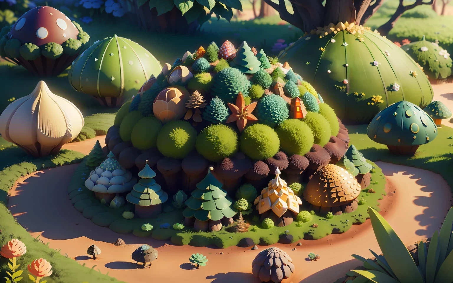 Anthill with a round cone shape, covered in scales and fungi, small gardens sorrounding it, hype realistic, 4k, 1:1