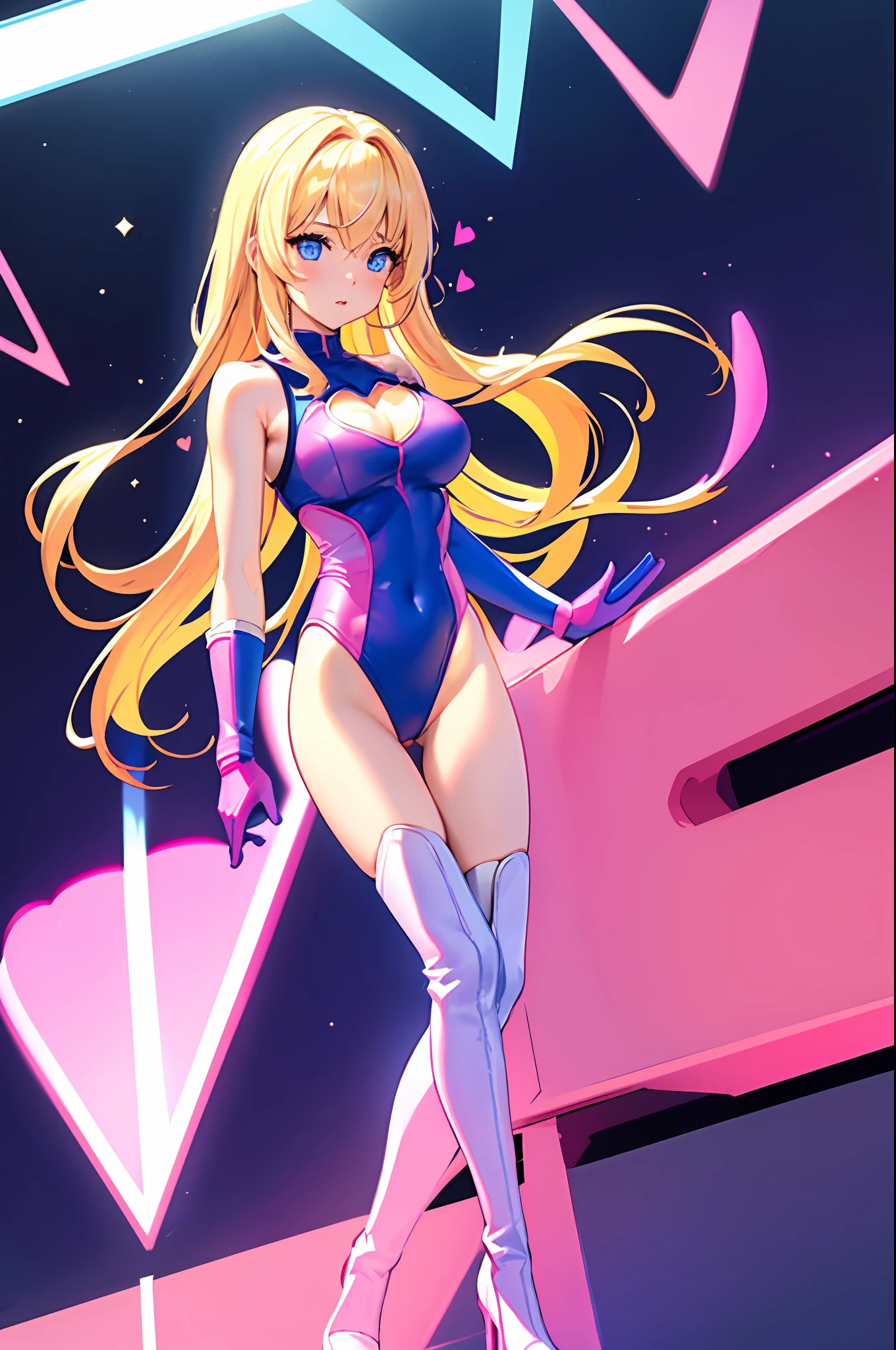 masterpiece, best quality, highres, 1girl, solo, superhero, leotard, bare legs, matching boots, aura, blue aura, sleeveless, looking at viewer, light particles, city backdrop, perfect hands, perfect eyes, powering up, perfect leotard, perfect legs, perfect arms, perfect fingers, medium breasts, pink leotard, standing, blonde hair, long hair, knee boots, blue eyes, heart cutout, cute face, hair down, bangs, sleeveless, pink gloves, pink footwear, cleavage cutout,